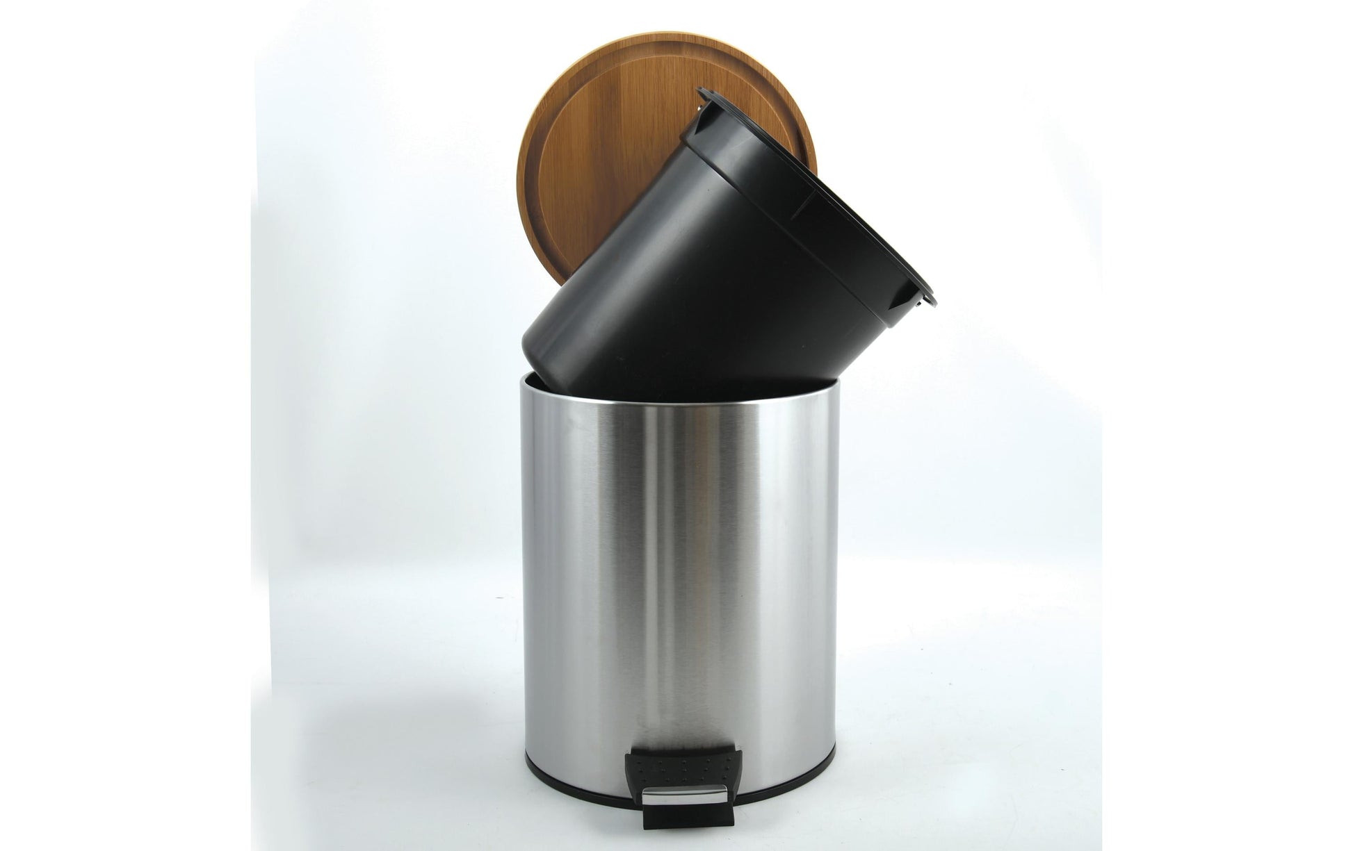 Spirella Tisch-Abfallbehälter – 3 l – mit Deckel – Edelstahl, Bambus – Ø 170 × H 225 mm