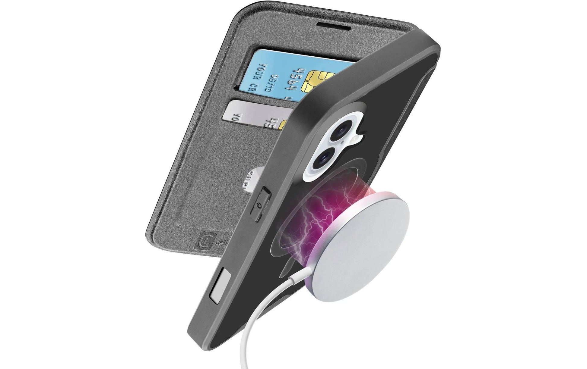 Cellularline Daily Mag Wallethülle – für Apple iPhone 16, MagSafe, 2 Kartenfächer, PU, Schwarz