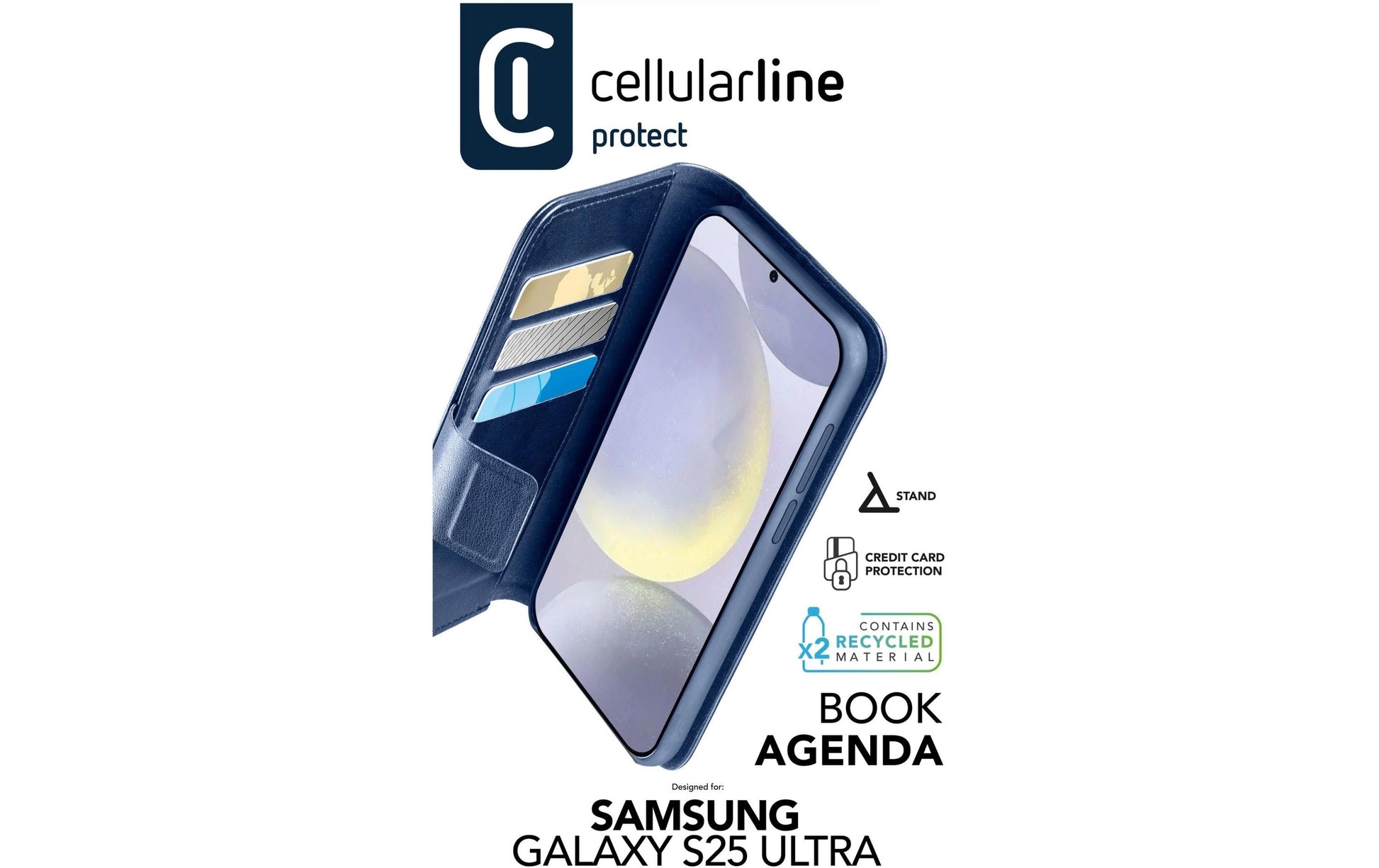 Cellularline Booklet-Hülle – für Samsung Galaxy S25 Ultra – blau – Kunstleder – mit Kartenfach