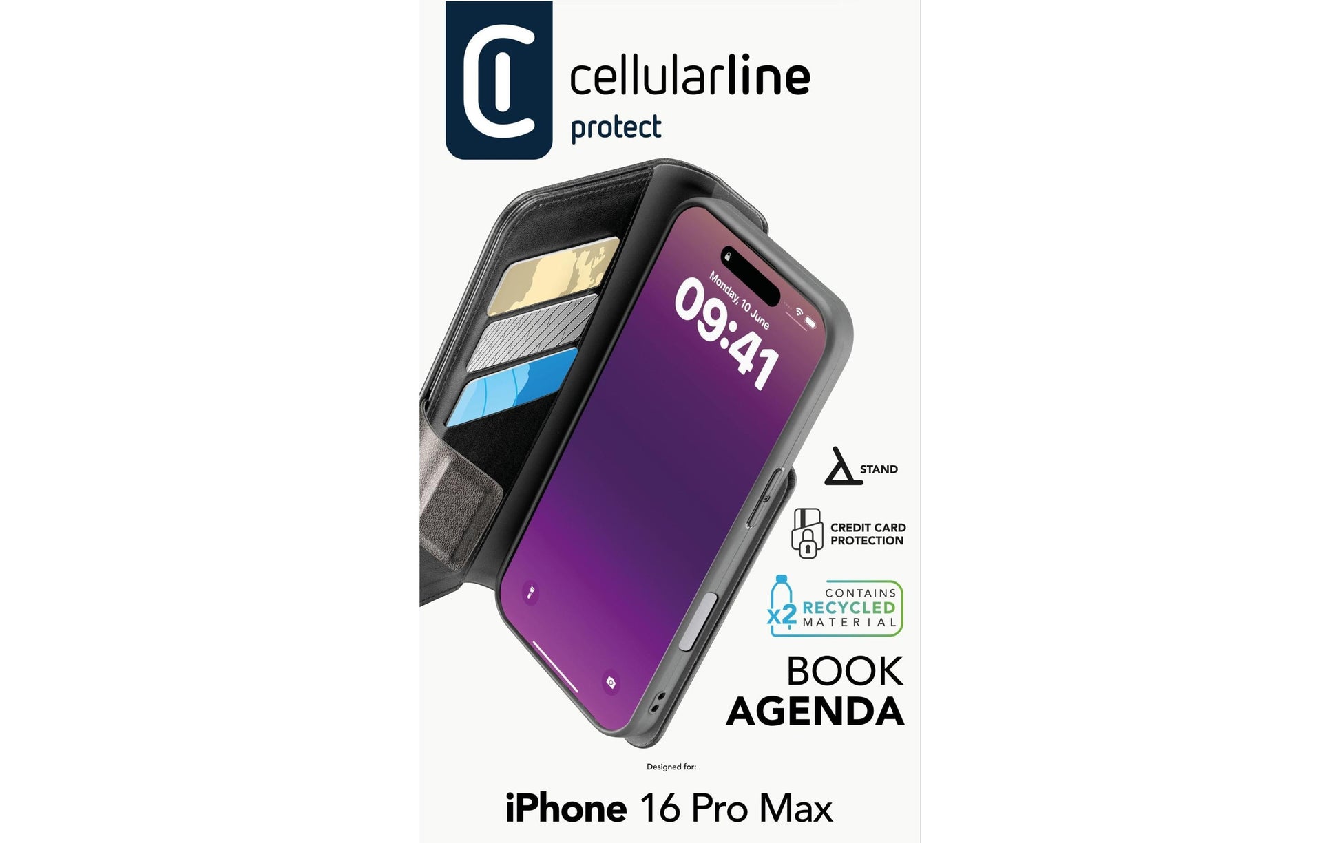 Cellularline Book Agenda 2 Wallethülle – für Apple iPhone 16 Pro Max, PU, Schwarz, Magnetverschluss