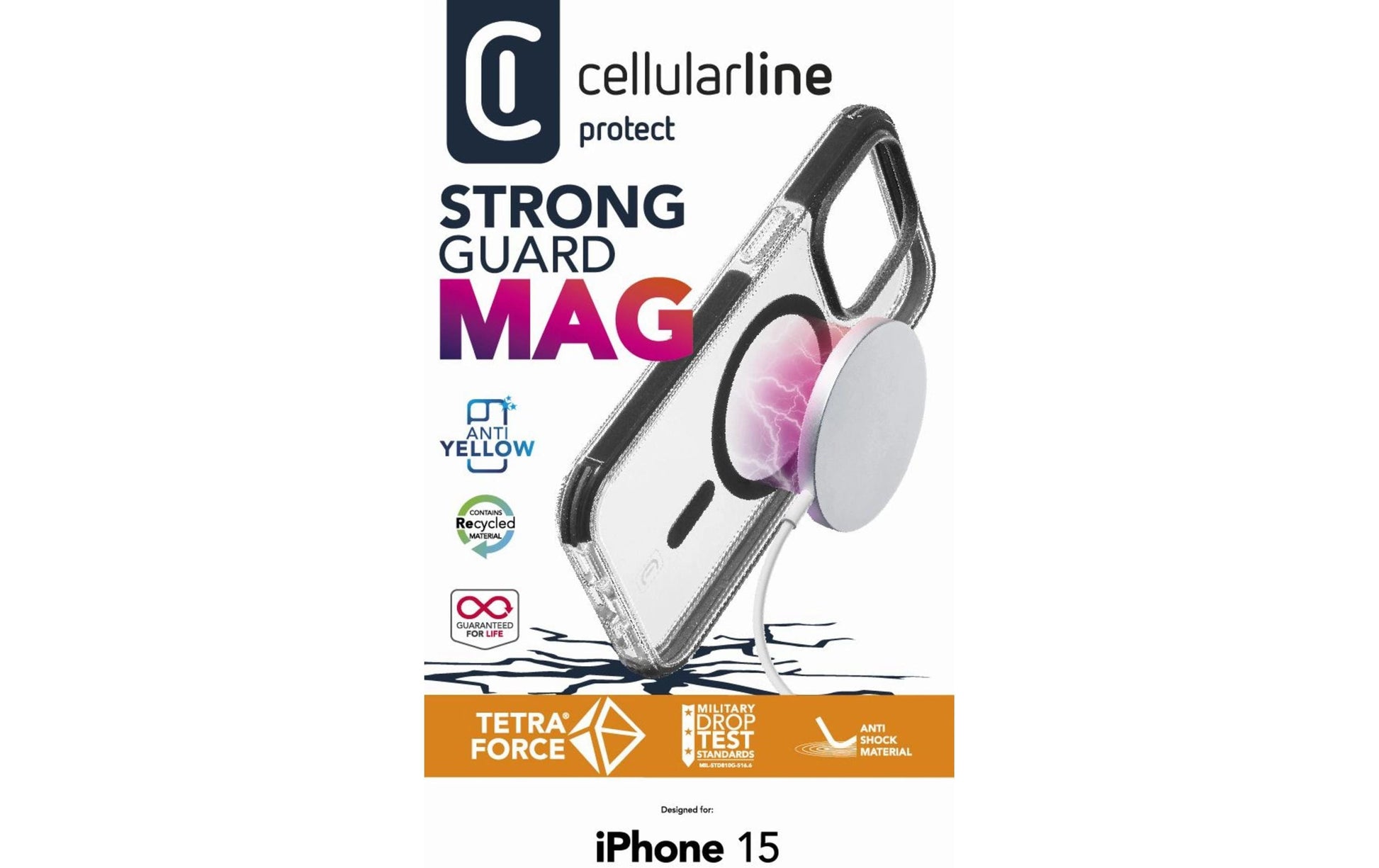 Cellularline Strong Guard Backcover – für Apple iPhone 15, MagSafe, Kunststoff, Schwarz, antibakteriell