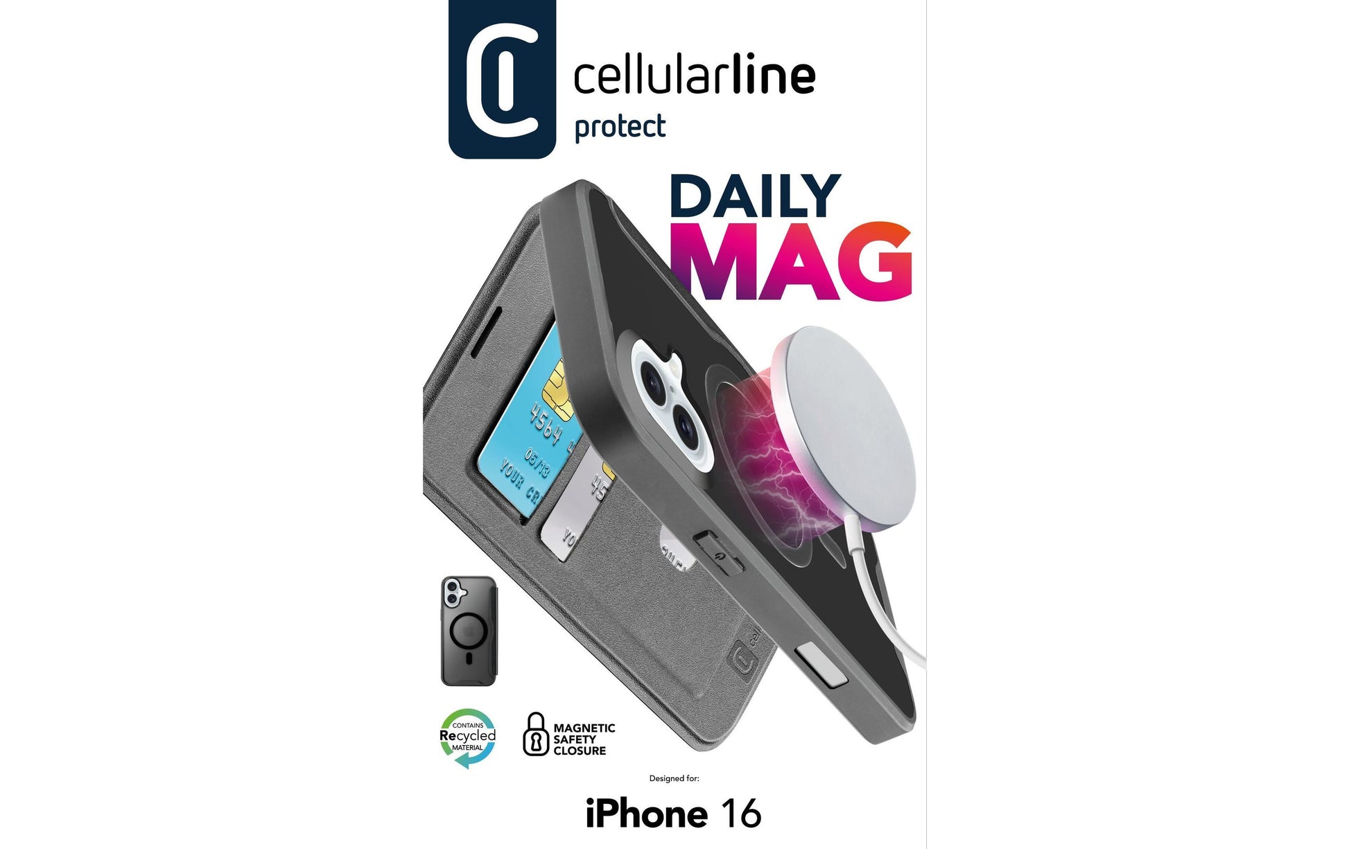Cellularline Daily Mag Wallethülle – für Apple iPhone 16, MagSafe, 2 Kartenfächer, PU, Schwarz