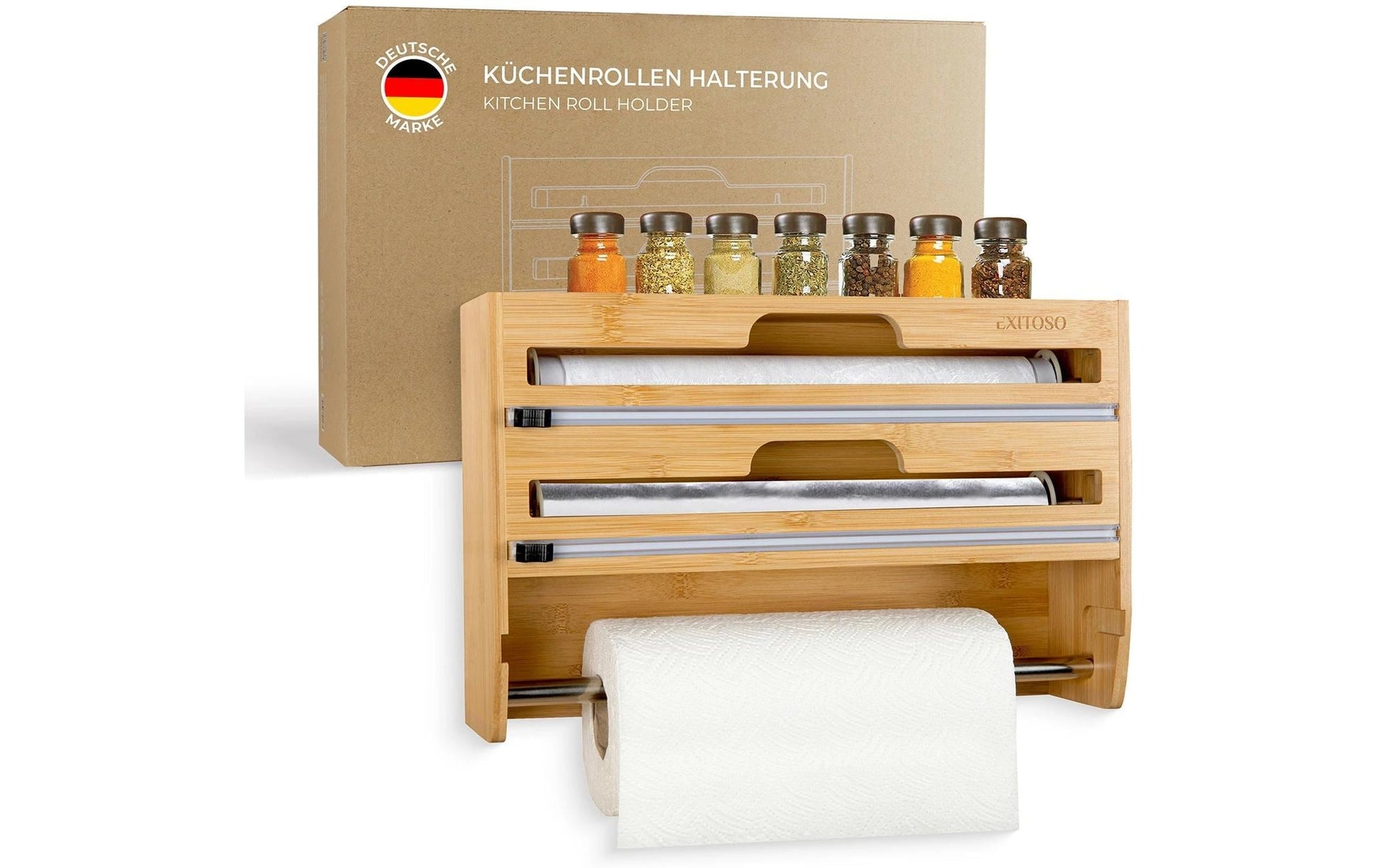 Exitoso Küchenrollenhalter, Holz, 10 × 37,3 × 24 cm, Braun, wandmontiert, für Alufolie und Plastikfolie
