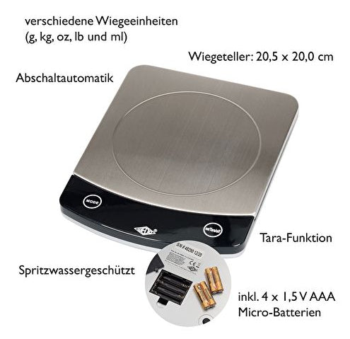 Wedo Profi Steel II 48110054 – Küchenwaage, bis 10 kg, 1–2 g Teilung, Edelstahl, silber/schwarz