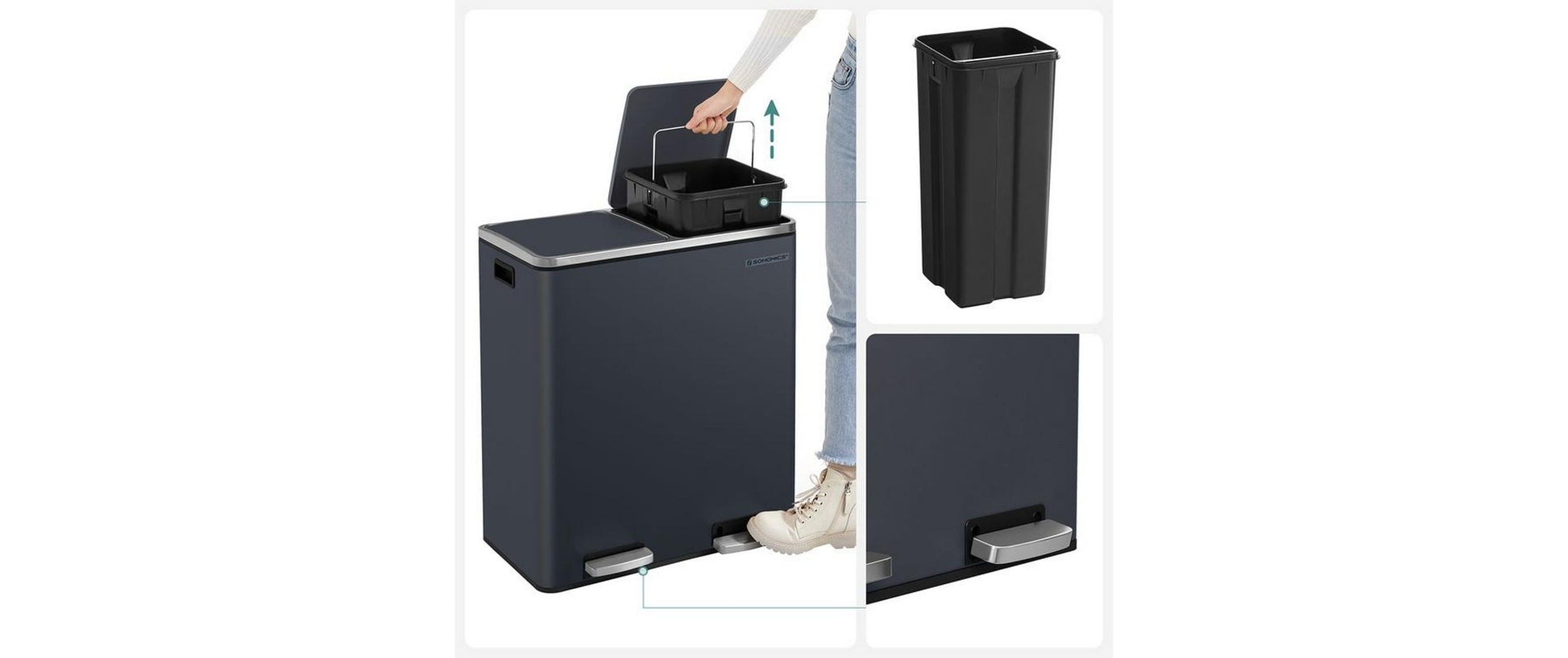 Songmics Systempapierkorb – 30 + 30 l, mit Deckel – Stahl, grau – B × H × T 585 × 650 × 360 mm