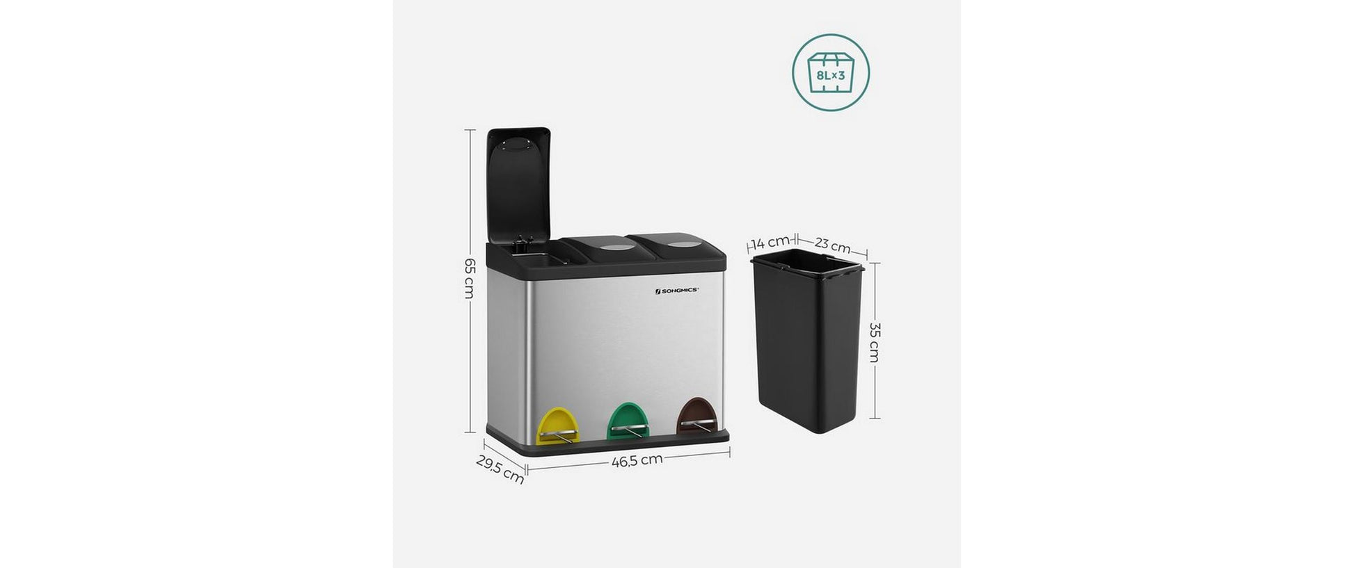 Songmics Systempapierkorb – 8 + 8 + 8 l – Edelstahl, Silber – B × H × T 465 × 295 × 405 mm