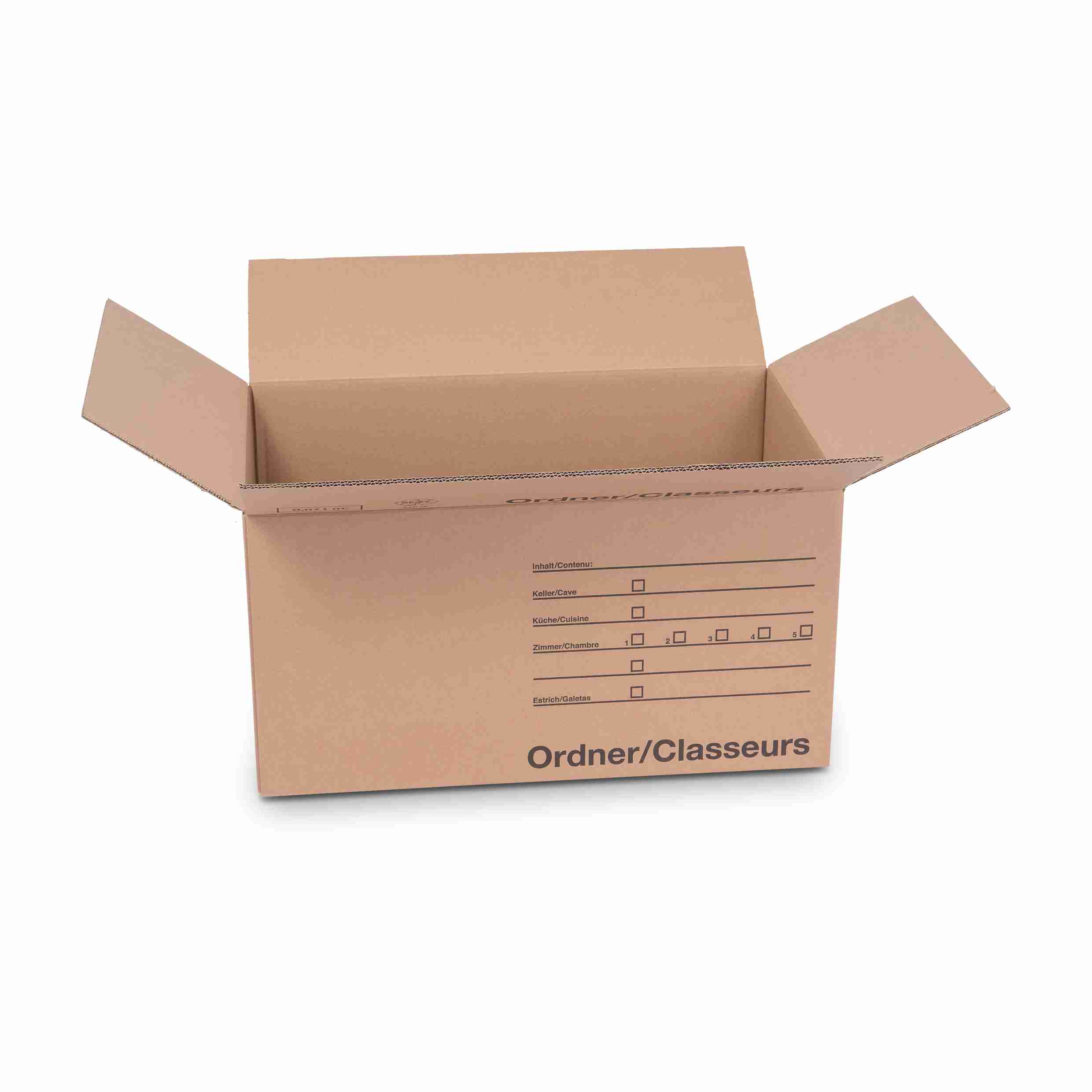 Model Versandbox – 570 × 350 × 290 mm, braun, mit Grifflöchern und Formularfeldern, selbstklebend – 1 Stk., ab 20 Stk.