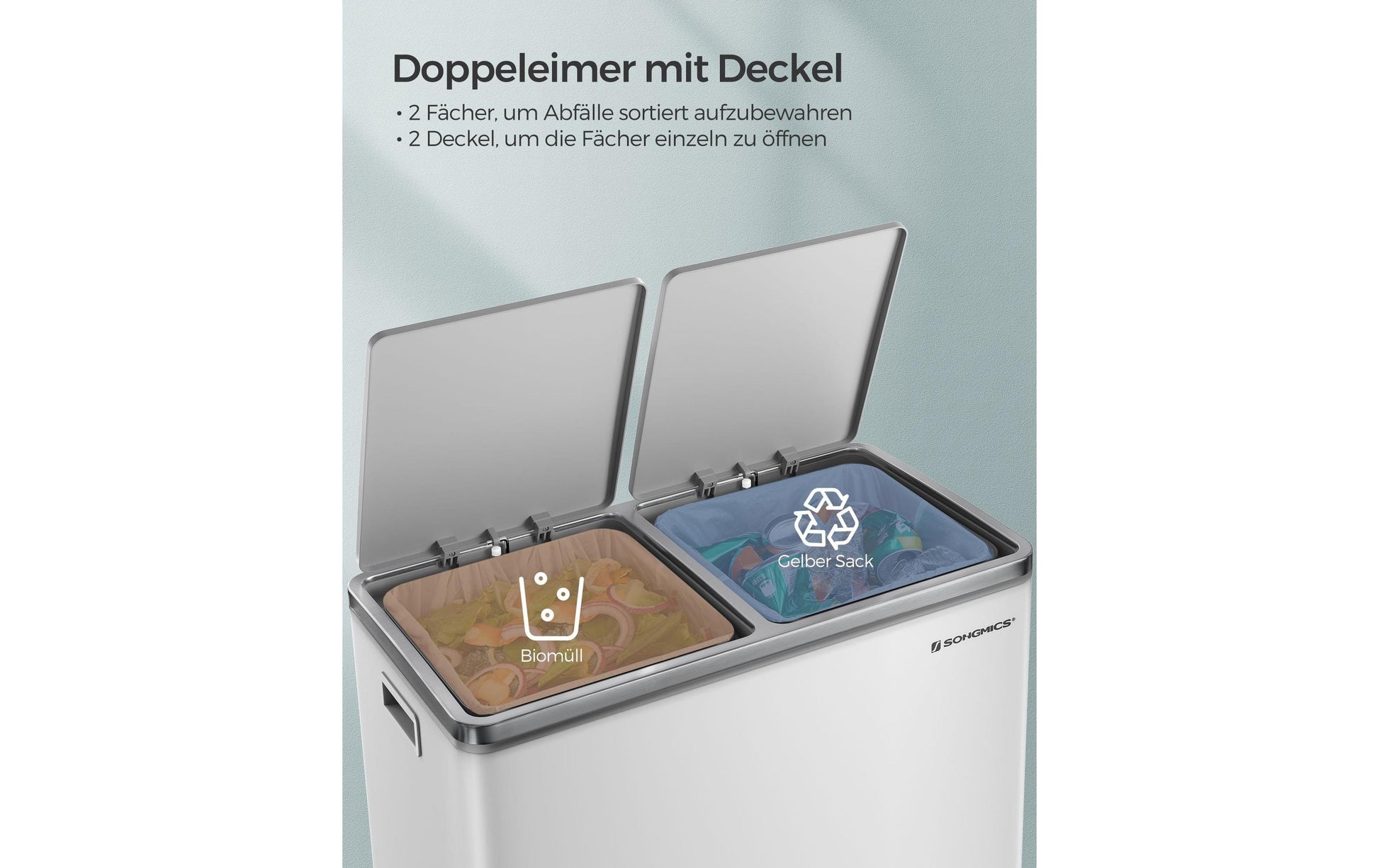 Songmics Systempapierkorb – 30 + 30 l – Stahl, weiss – B × H × T 585 × 650 × 360 mm