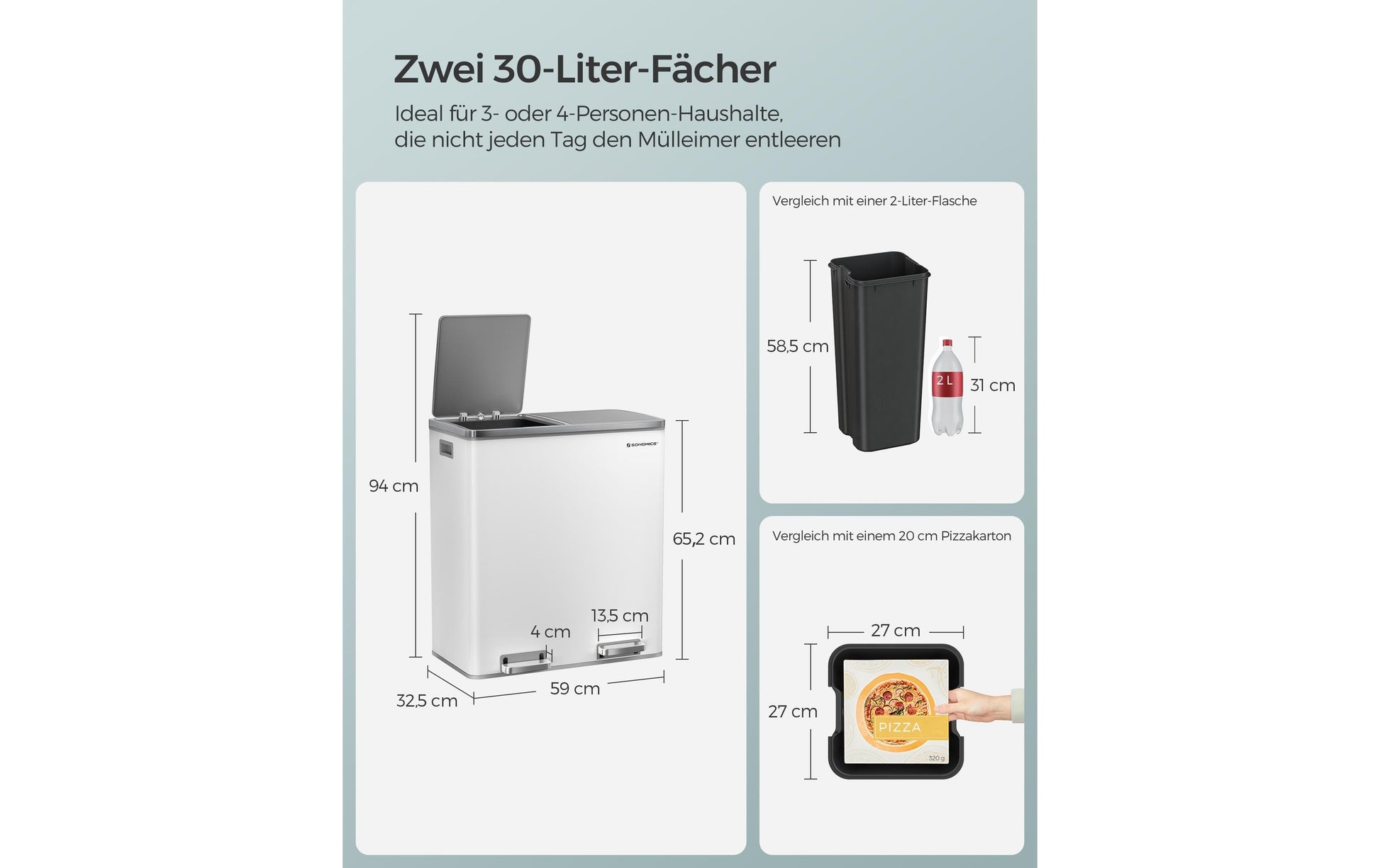Songmics Systempapierkorb – 30 + 30 l – Stahl, weiss – B × H × T 585 × 650 × 360 mm