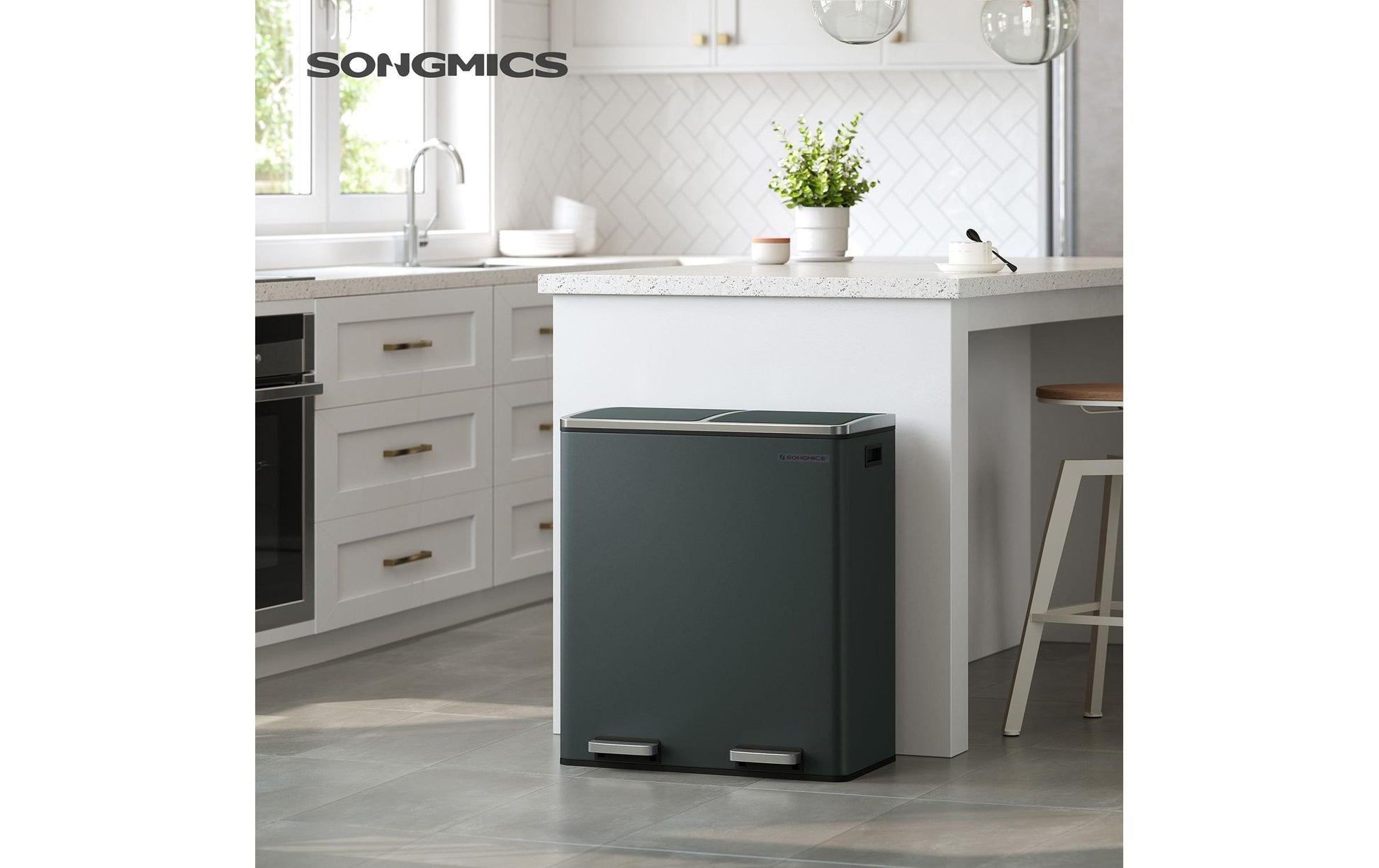 Songmics Systempapierkorb – 30 + 30 l, mit Deckel – Stahl, grau – B × H × T 585 × 650 × 360 mm