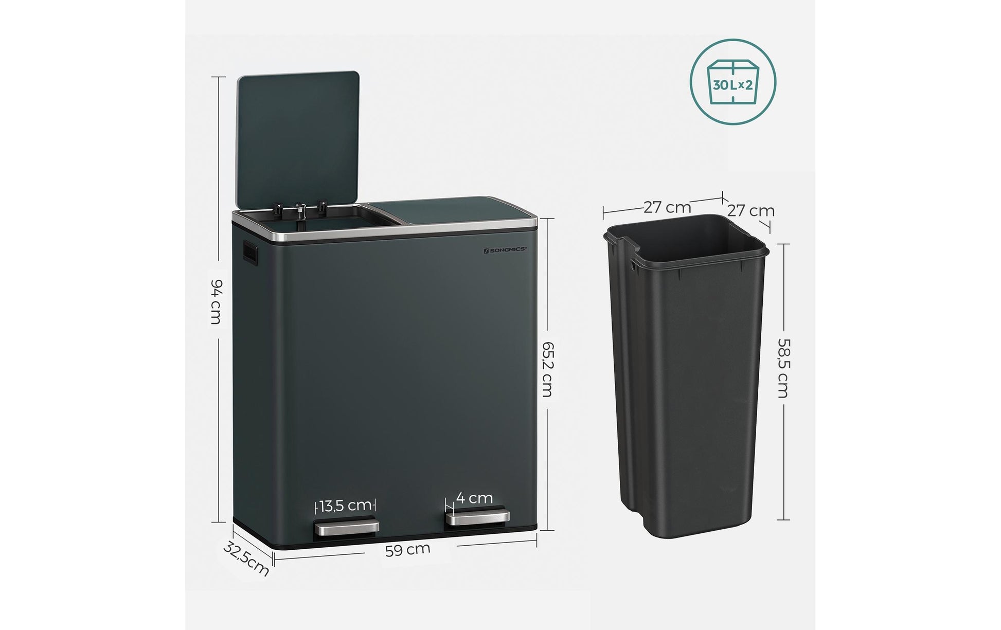 Songmics Systempapierkorb – 30 + 30 l, mit Deckel – Stahl, grau – B × H × T 585 × 650 × 360 mm