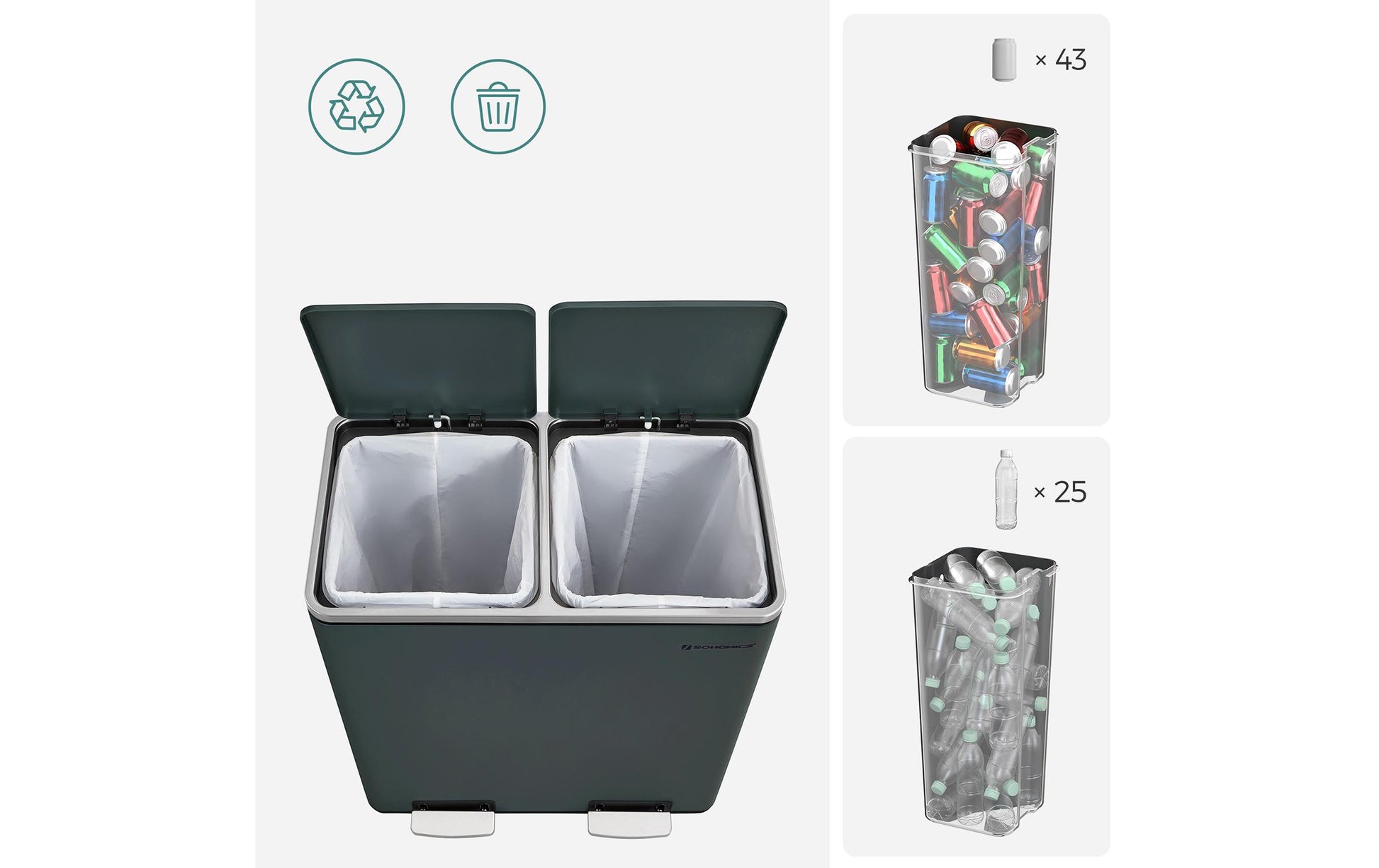 Songmics Systempapierkorb – 30 + 30 l, mit Deckel – Stahl, grau – B × H × T 585 × 650 × 360 mm