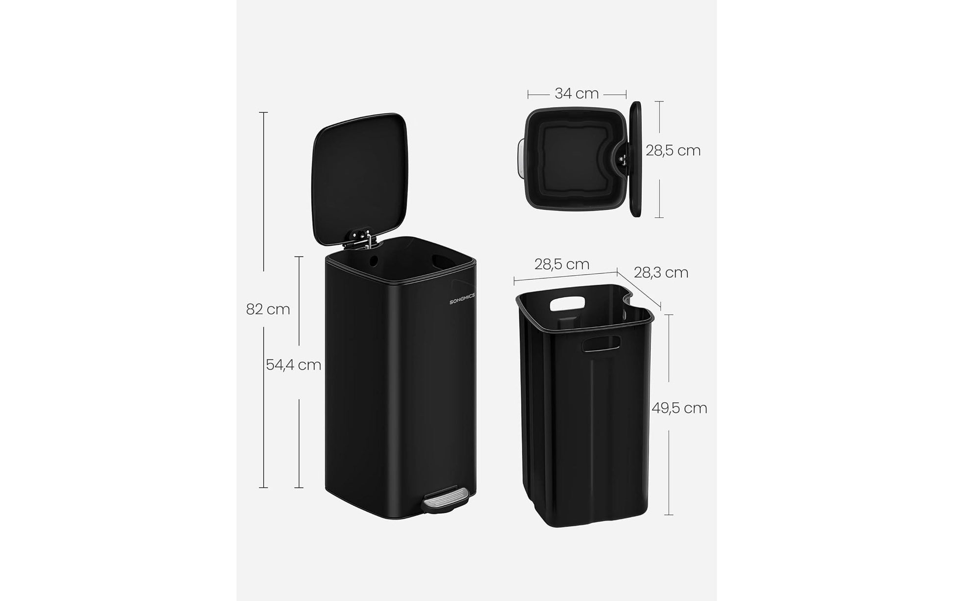 Songmics Treteimer – 20 l – Stahl, Schwarz – B × H × T 285 × 340 × 544 mm