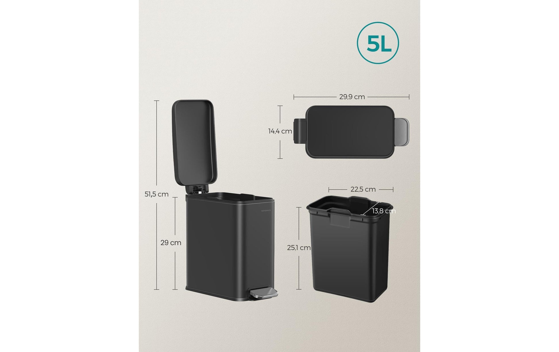 Songmics Tisch-Abfallbehälter – 5 l, mit Deckel, Stahl, schwarz – B × H × T 144 × 290 × 299 mm