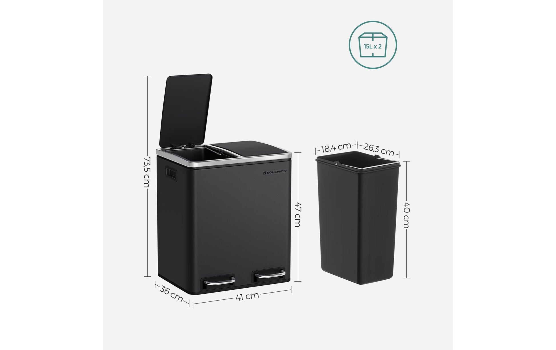 Songmics Systempapierkorb – 15 + 15 l, mit Deckel – Edelstahl – B × H × T 410 × 735 × 360 mm