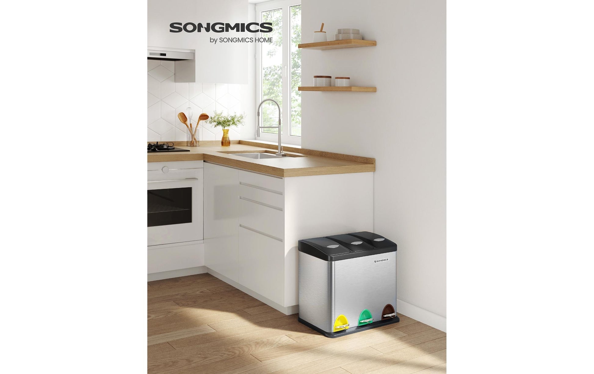 Songmics Systempapierkorb – 8 + 8 + 8 l – Edelstahl, Silber – B × H × T 465 × 295 × 405 mm