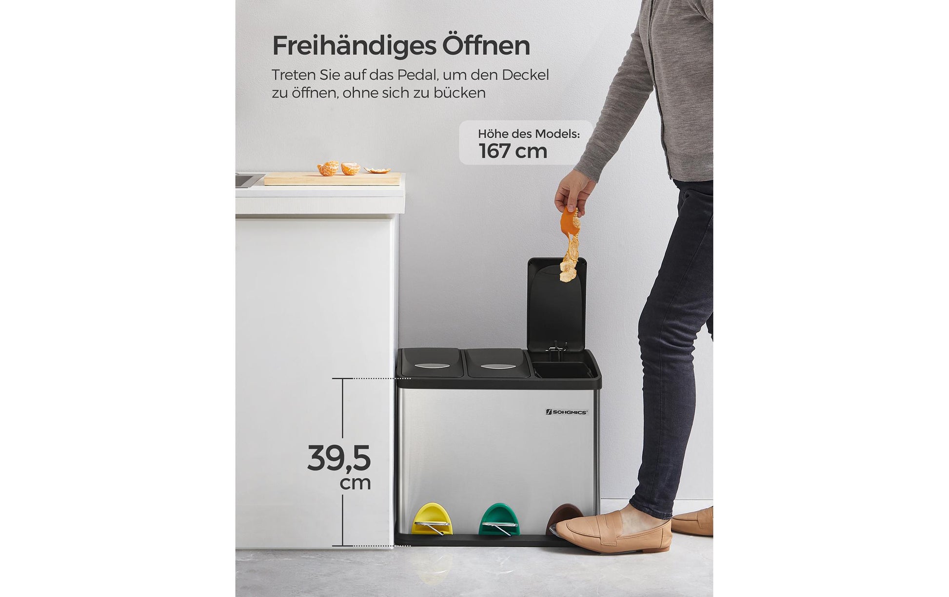 Songmics Systempapierkorb – 8 + 8 + 8 l – Edelstahl, Silber – B × H × T 465 × 295 × 405 mm
