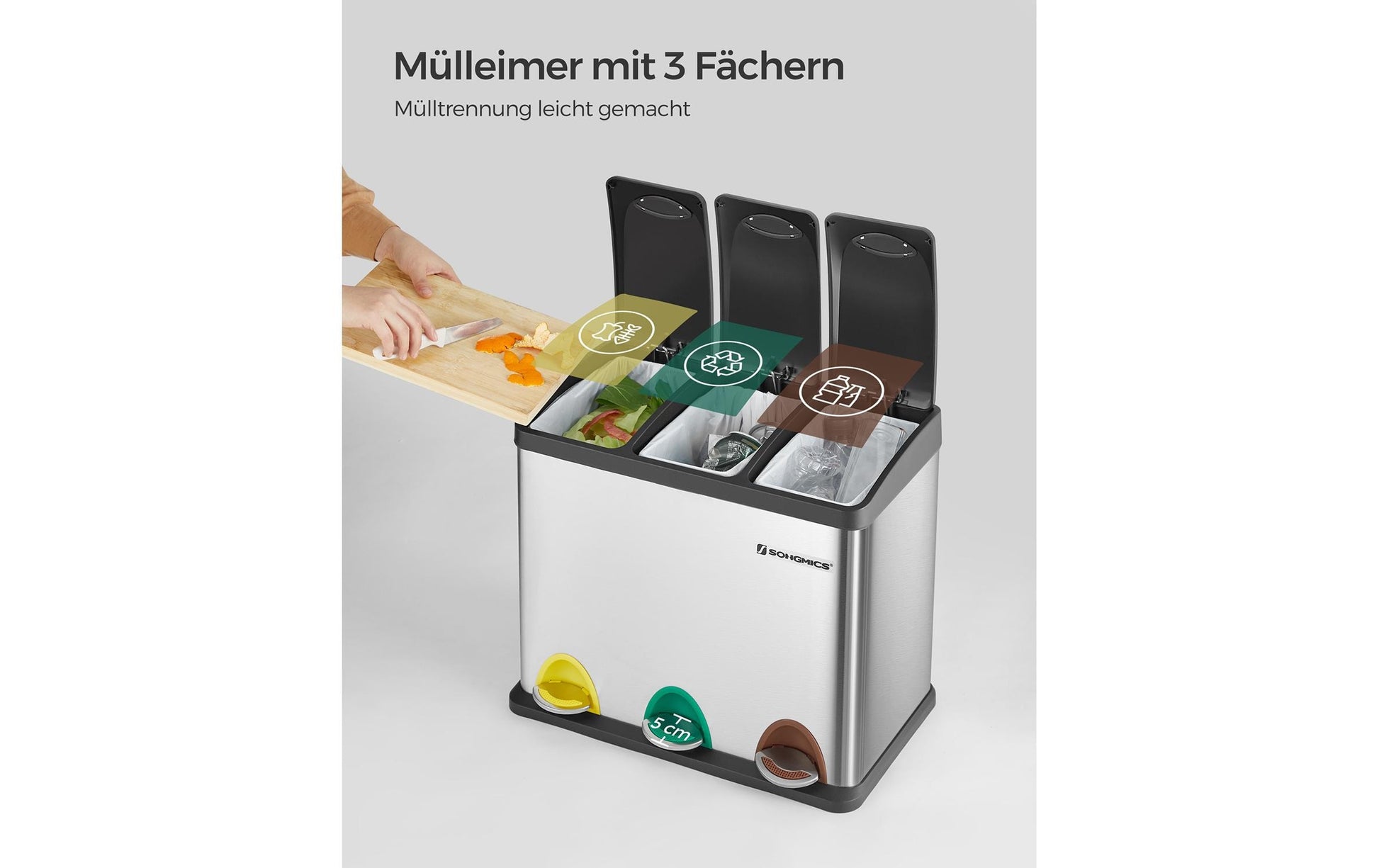 Songmics Systempapierkorb – 8 + 8 + 8 l – Edelstahl, Silber – B × H × T 465 × 295 × 405 mm