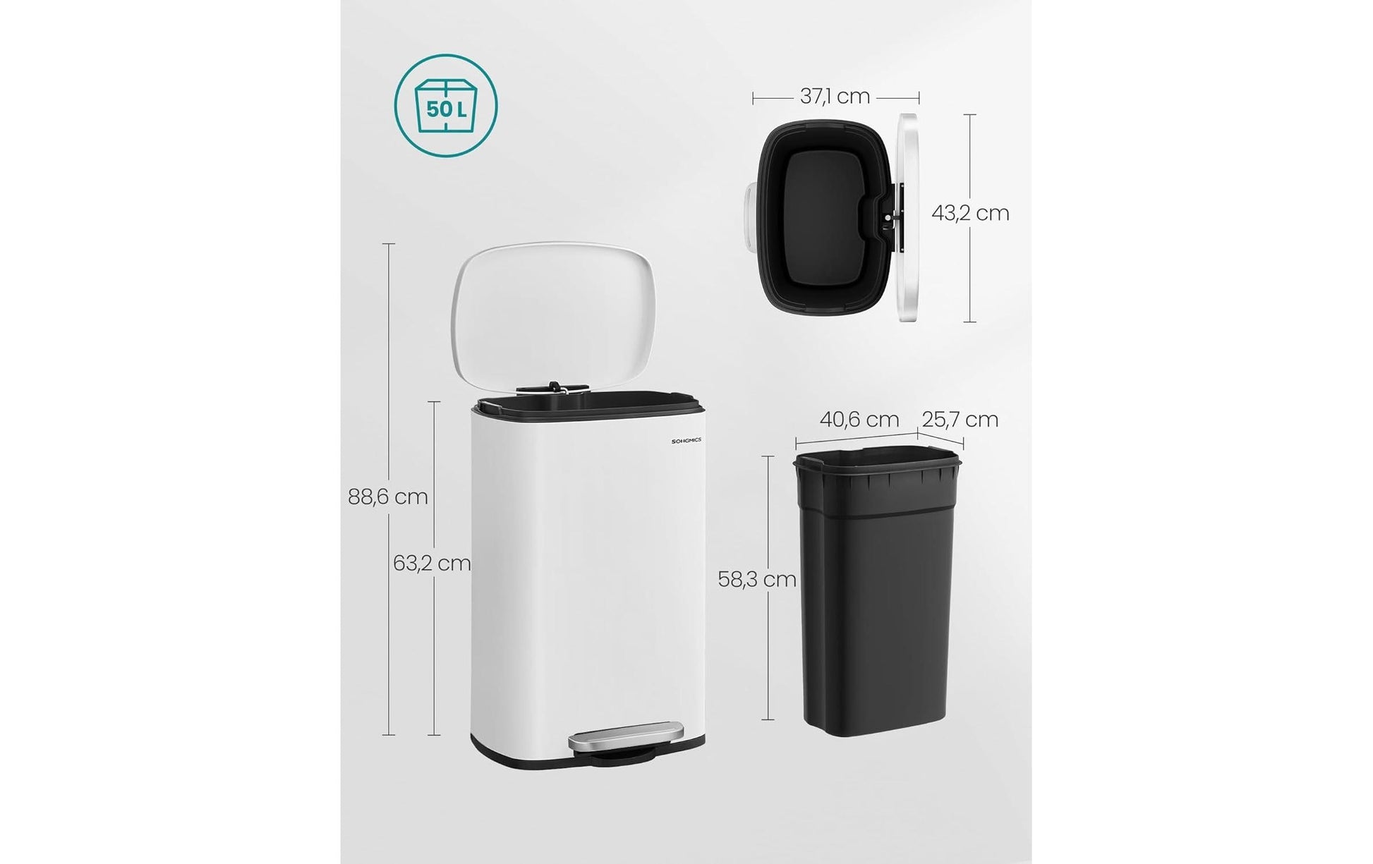 Songmics Abfallcontainer – 50 l – mit Deckel – Stahl, Weiss – B × H × T 432 × 632 × 371 mm