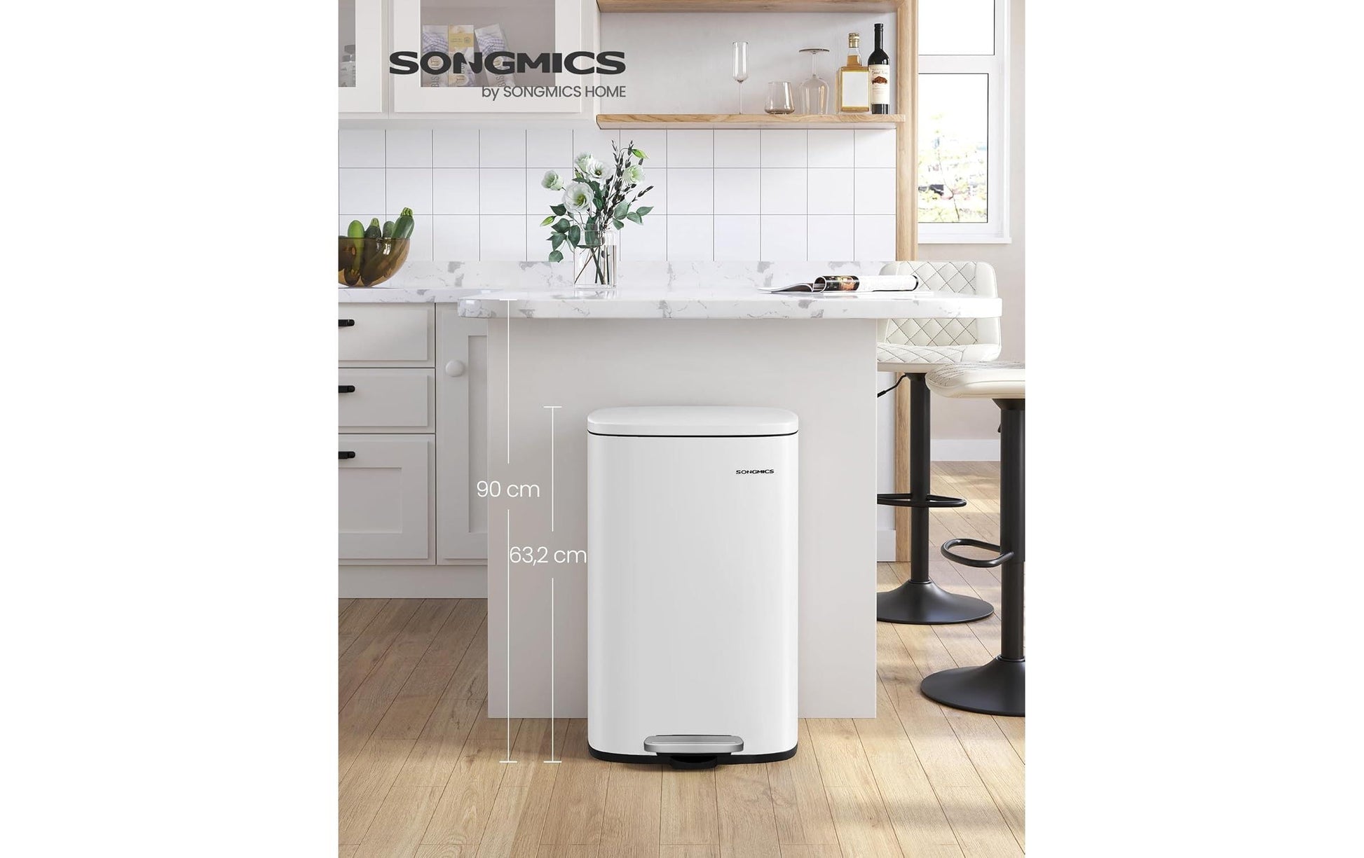 Songmics Abfallcontainer – 50 l – mit Deckel – Stahl, Weiss – B × H × T 432 × 632 × 371 mm