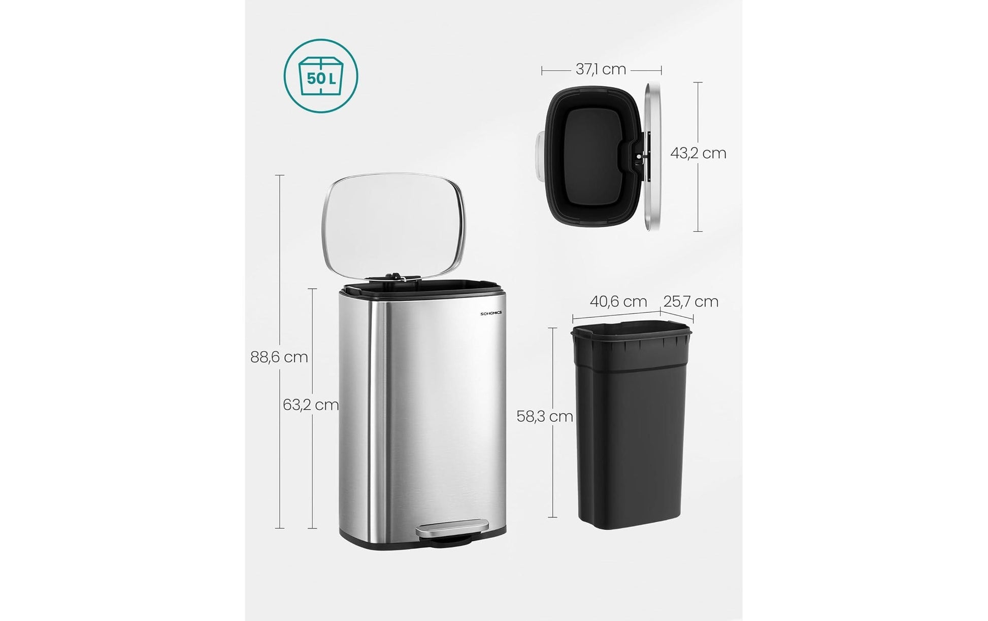 Songmics Abfallcontainer – 50 l – mit Deckel – Edelstahl – B × H × T 432 × 371 × 632 mm