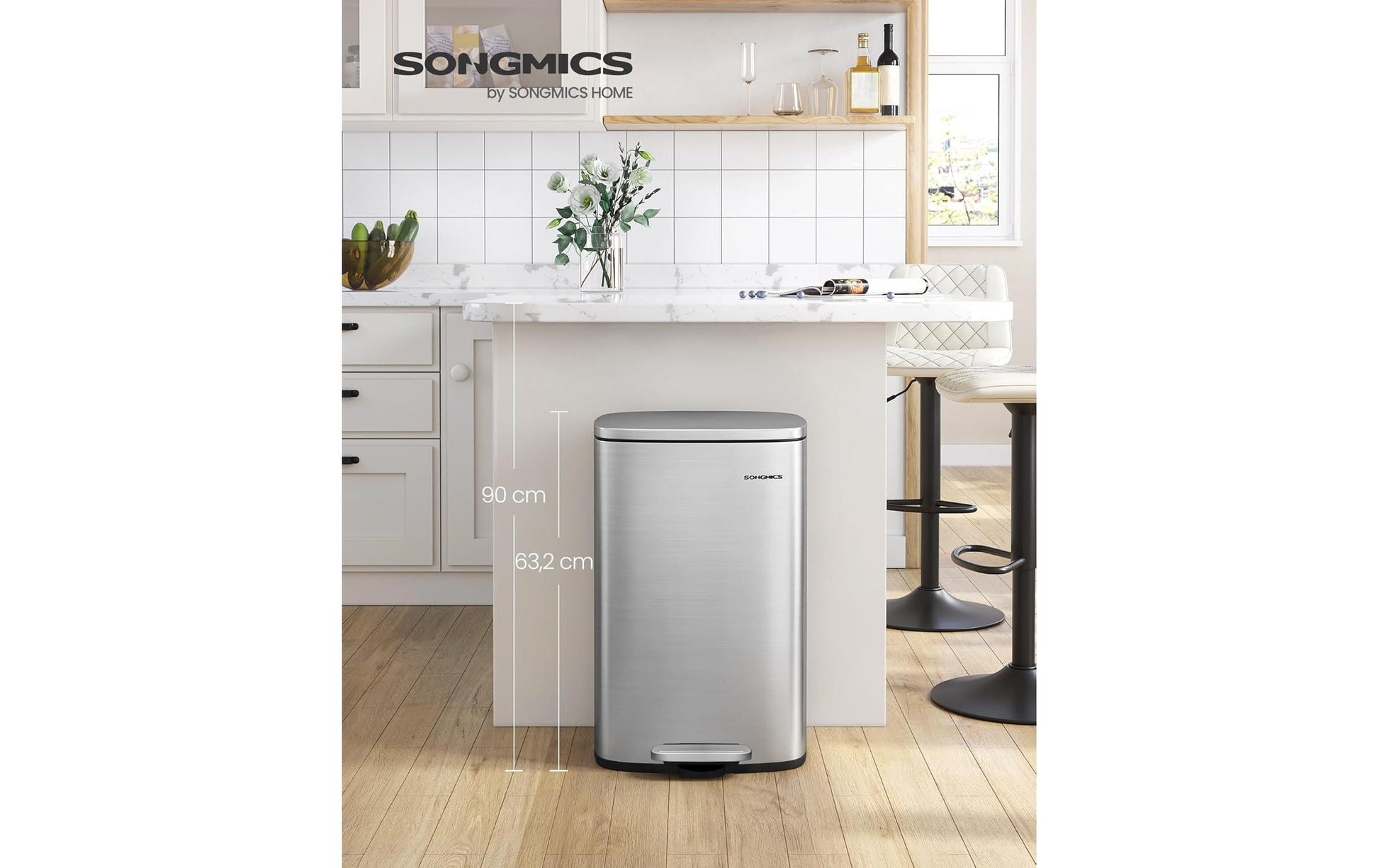 Songmics Abfallcontainer – 50 l – mit Deckel – Edelstahl – B × H × T 432 × 371 × 632 mm