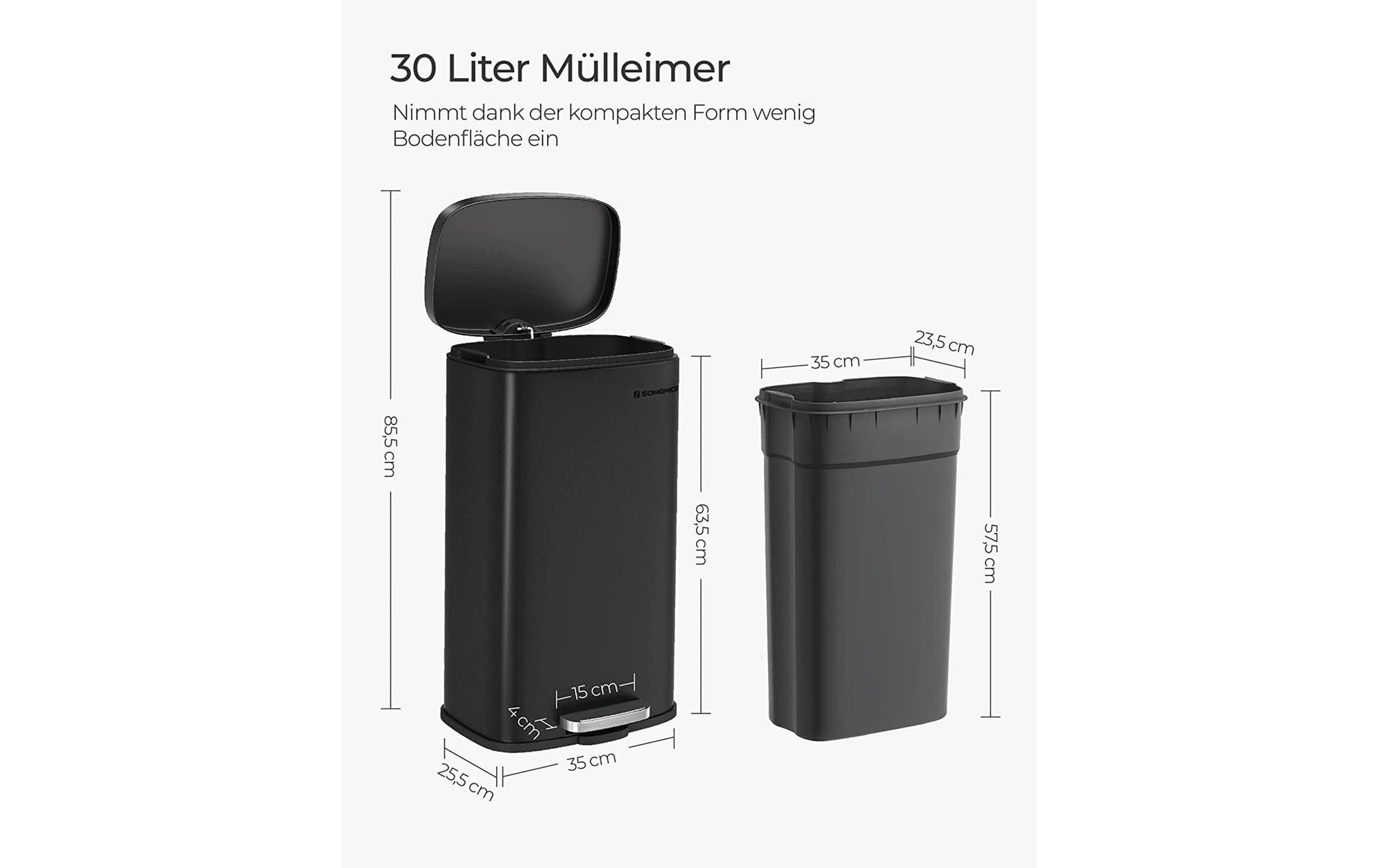 Songmics Abfallcontainer – 30 l – mit Deckel – Edelstahl, Grau – B × H × T 348 × 633 × 297 mm