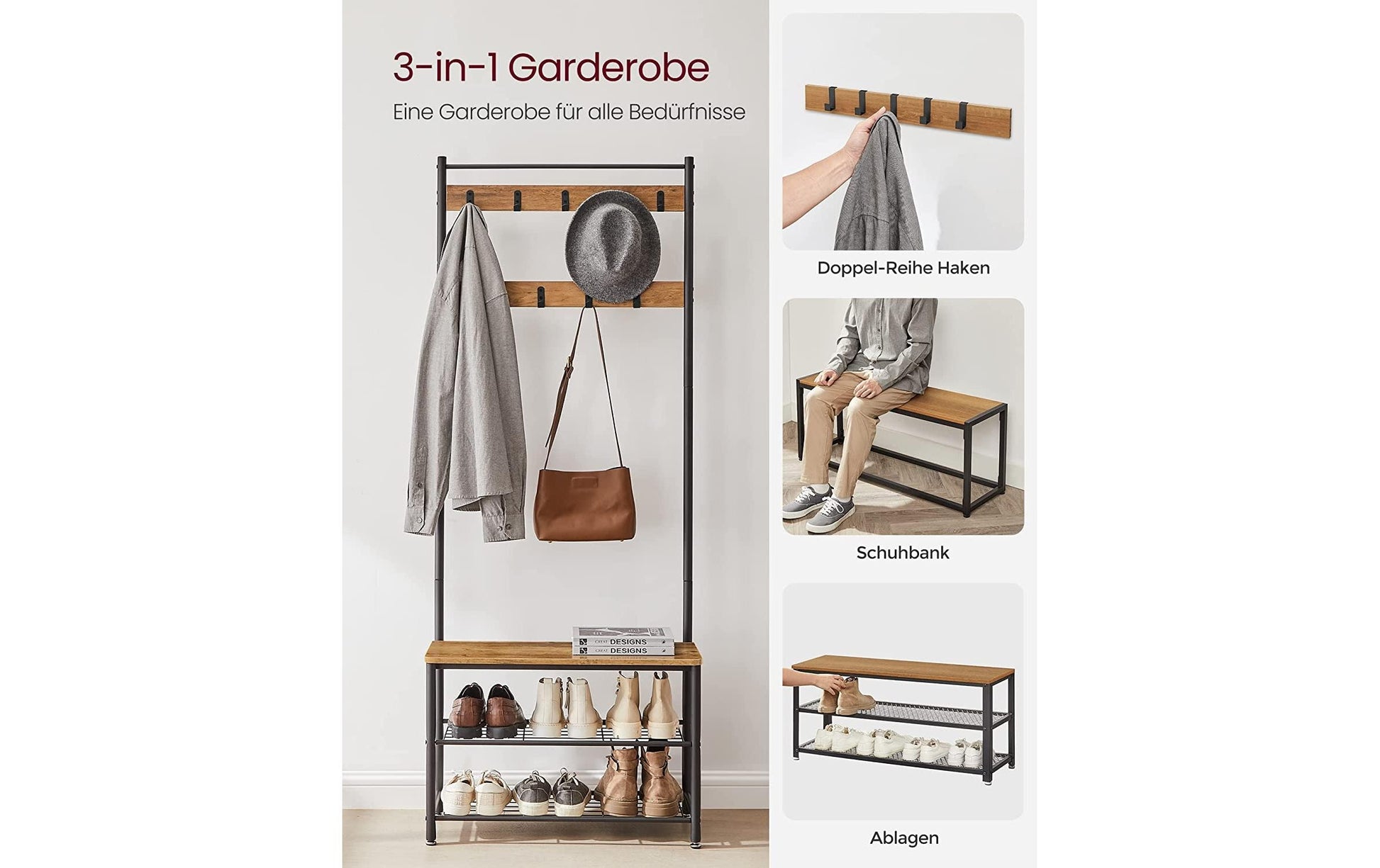 Vasagle Garderobe mit Schuhregal – 9 Haken, Stahl/Spanplatte, Schwarz/Braun, 70 × 32 × 175 cm