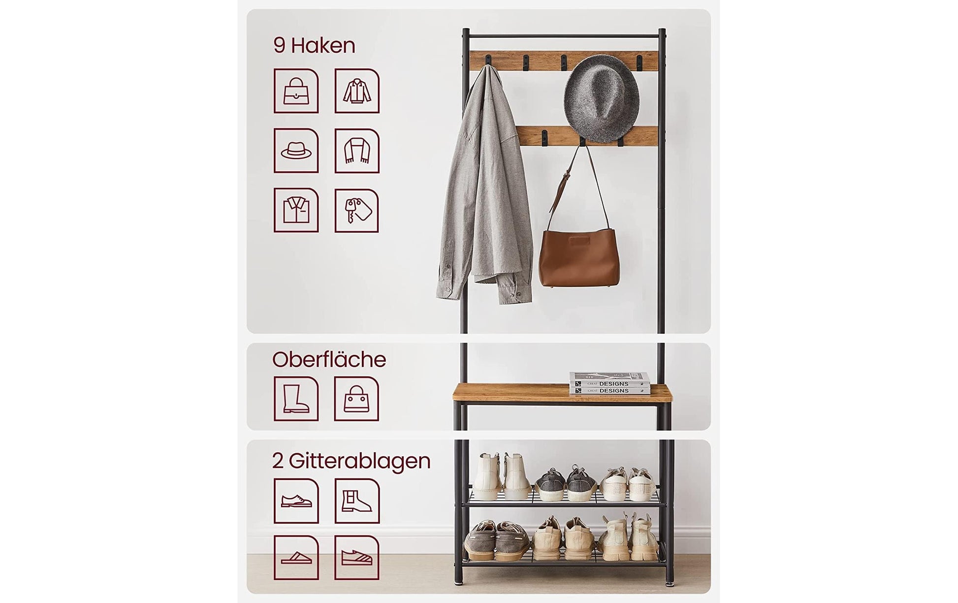 Vasagle Garderobe mit Schuhregal – 9 Haken, Stahl/Spanplatte, Schwarz/Braun, 70 × 32 × 175 cm