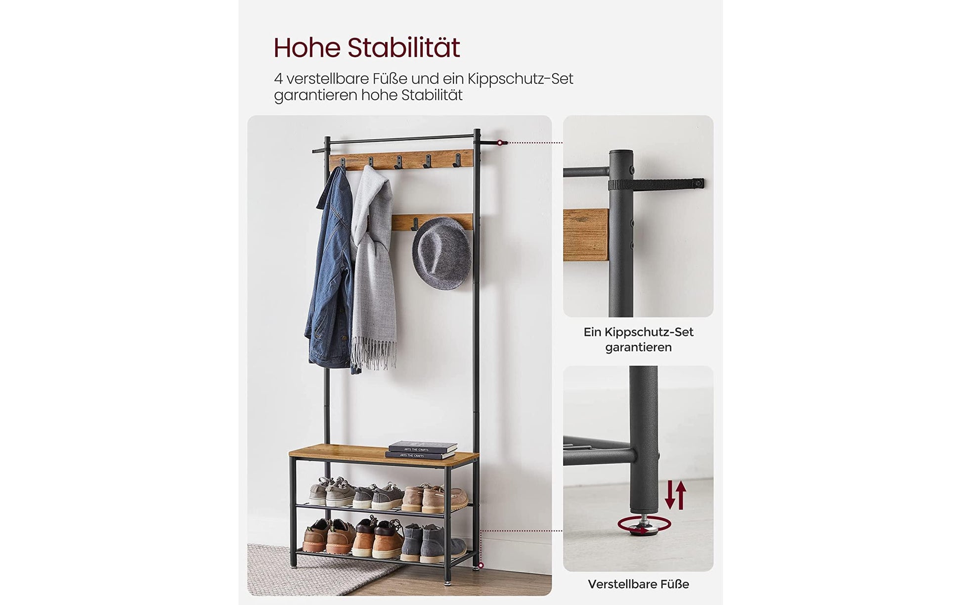 Vasagle Garderobe mit Schuhregal – 9 Haken, Stahl/Spanplatte, Schwarz/Braun, 70 × 32 × 175 cm