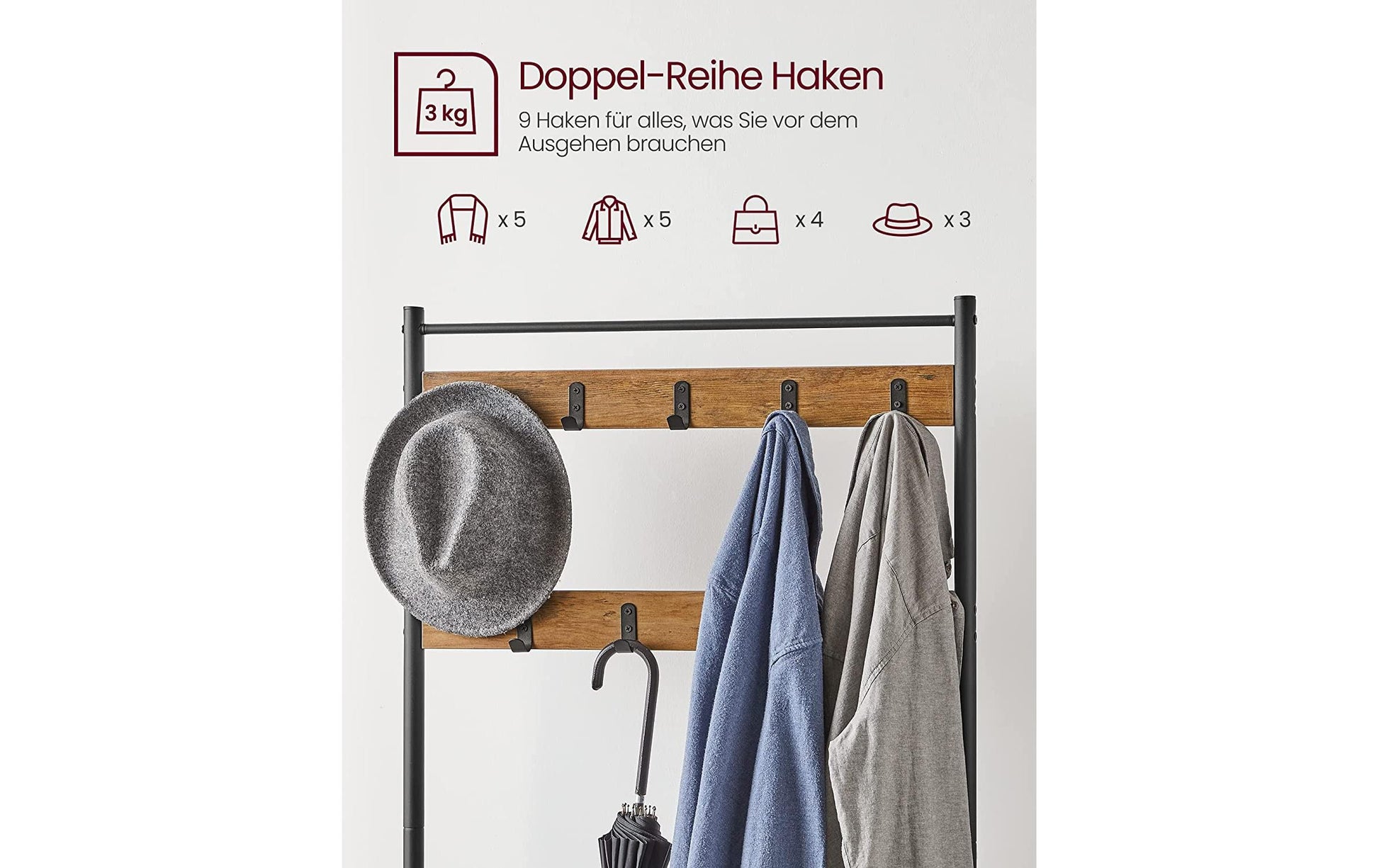 Vasagle Garderobe mit Schuhregal – 9 Haken, Stahl/Spanplatte, Schwarz/Braun, 70 × 32 × 175 cm