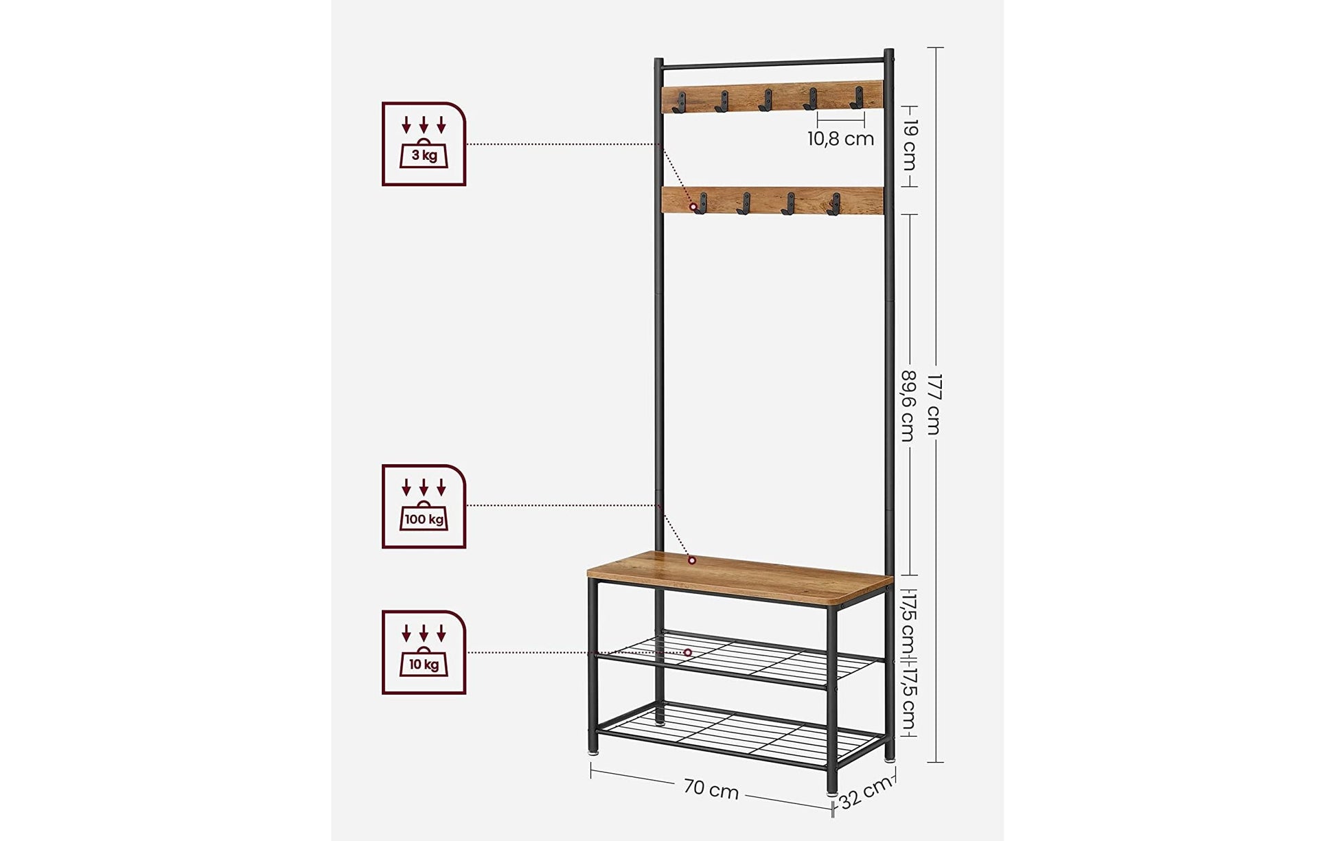 Vasagle Garderobe mit Schuhregal – 9 Haken, Stahl/Spanplatte, Schwarz/Braun, 70 × 32 × 175 cm