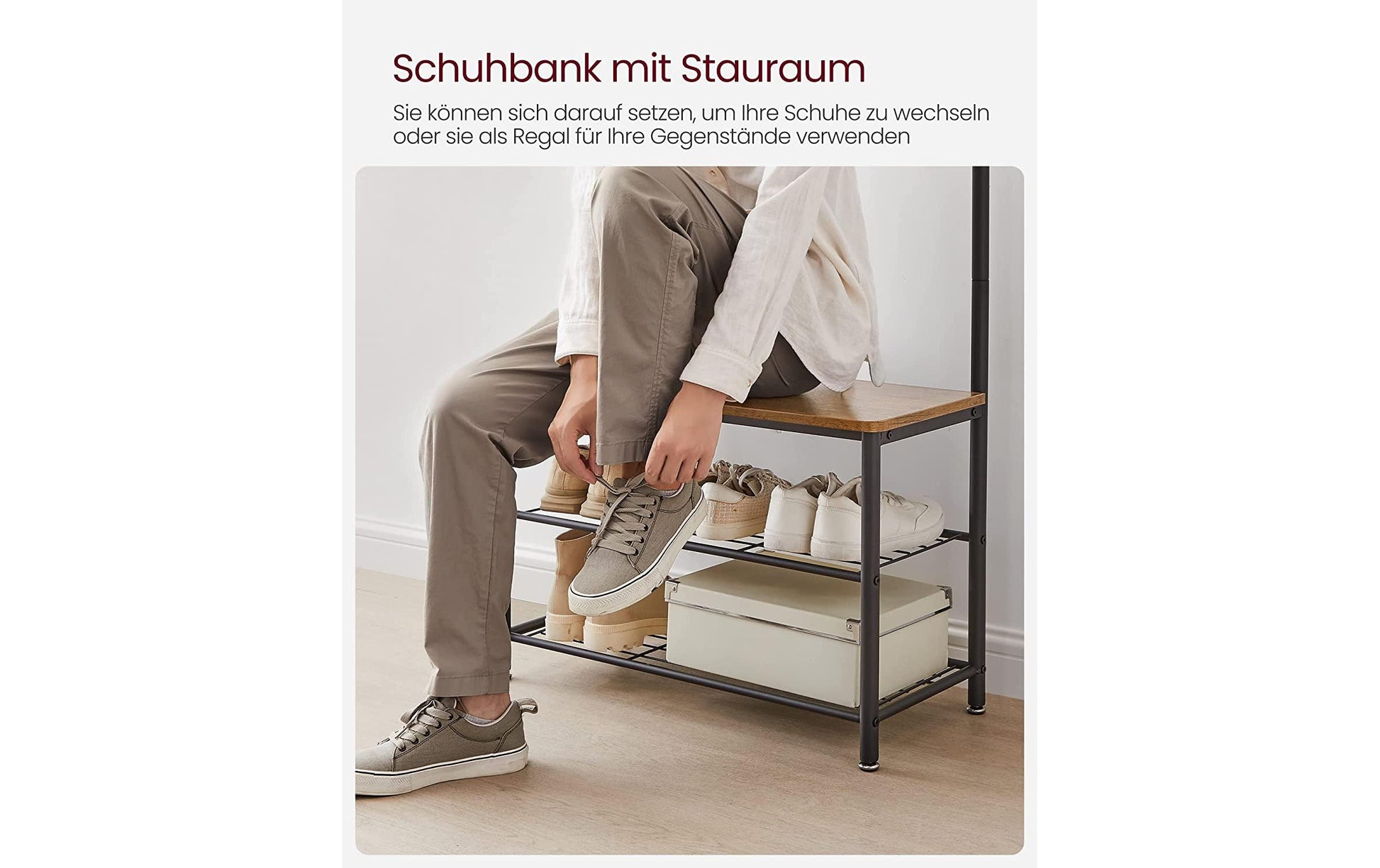 Vasagle Garderobe mit Schuhregal – 9 Haken, Stahl/Spanplatte, Schwarz/Braun, 70 × 32 × 175 cm