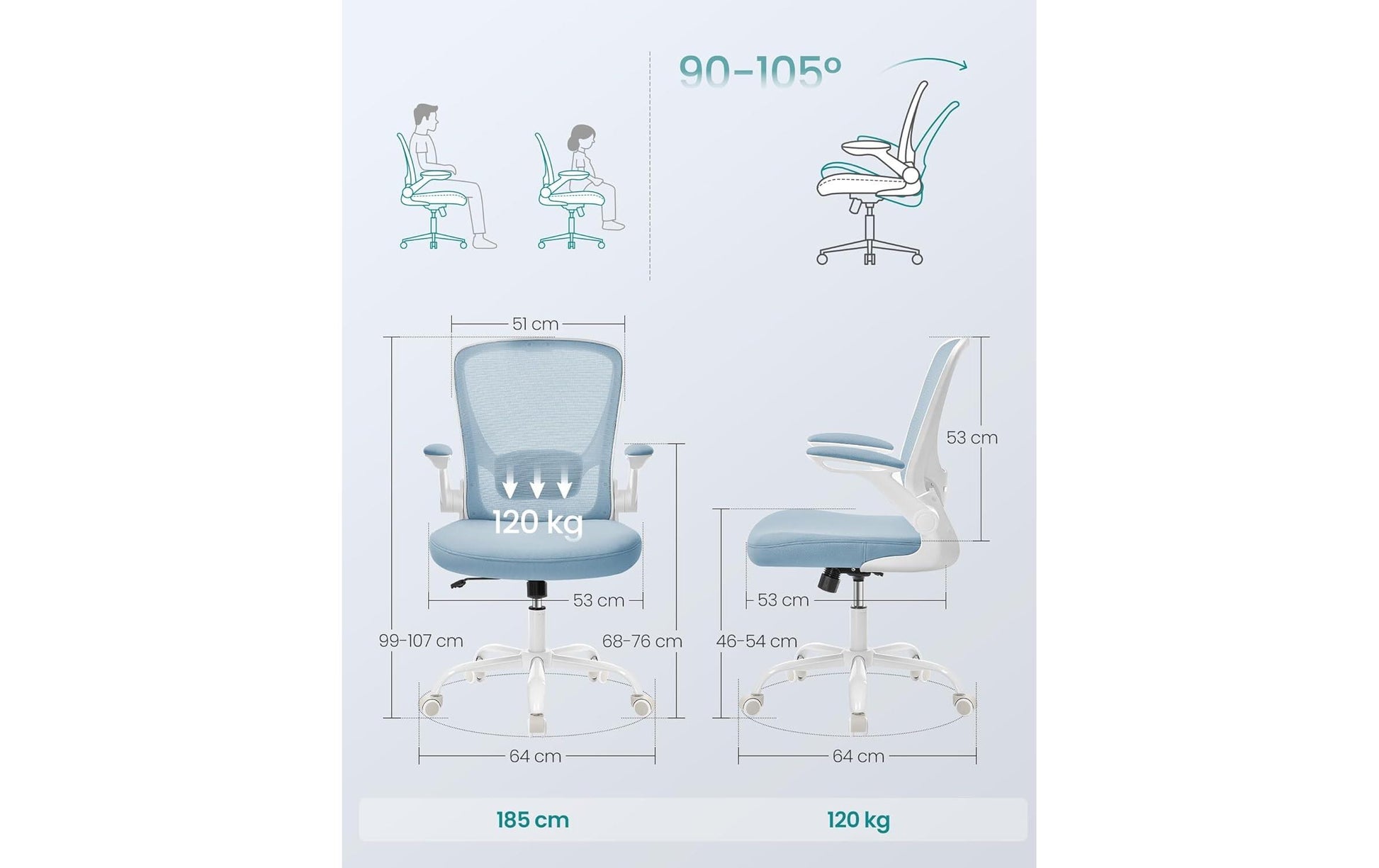 Songmics OBN037Q01 Bürostuhl – Netzrücken – Hellblau, mit Armlehnen, Sitzhöhe 46–54 cm, bis 120 kg