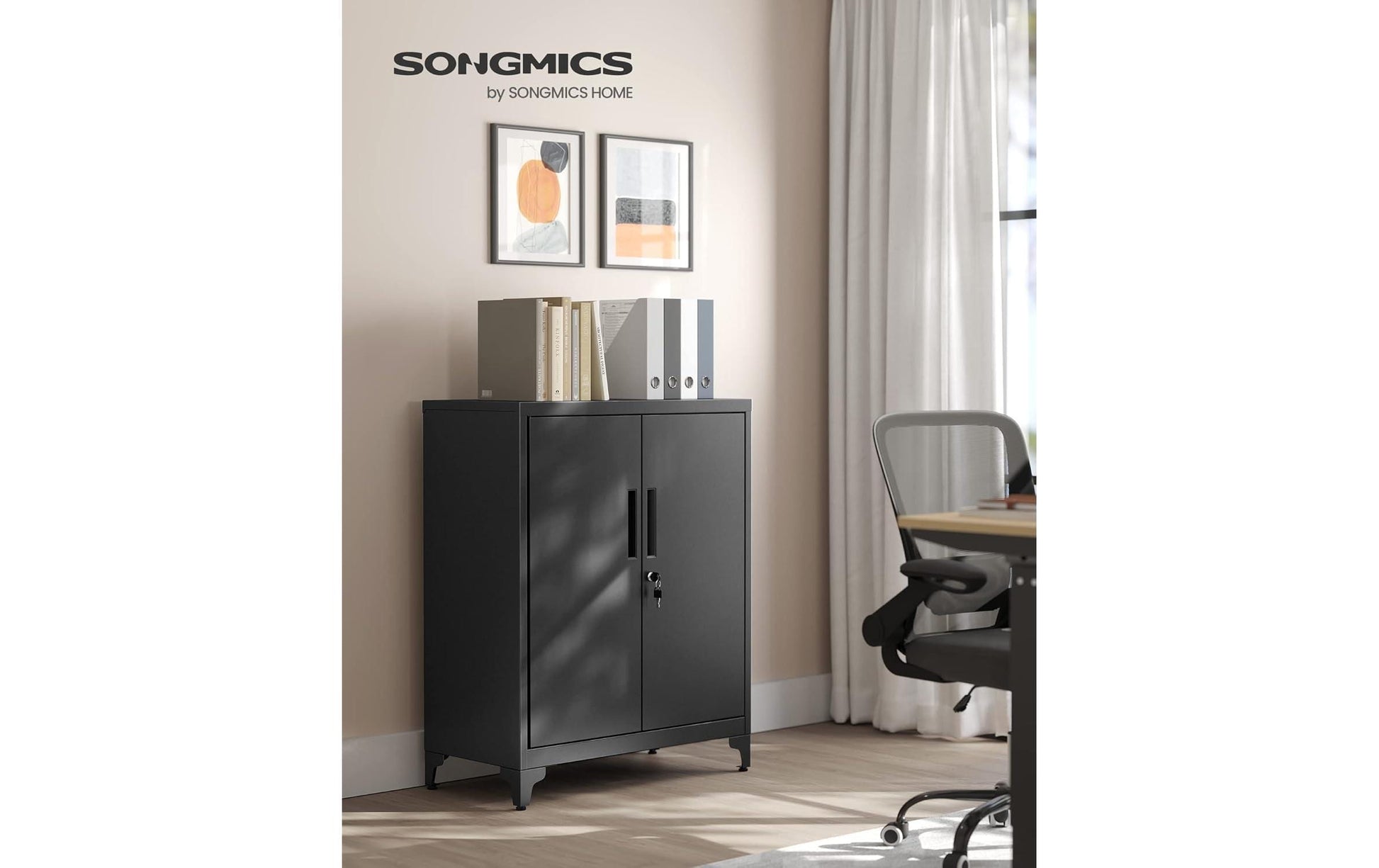 Songmics OMC013B01 – Aktenschrank, 2 Tablare, abschliessbar, Stahl, 800 × 400 × 900 mm, Schwarz