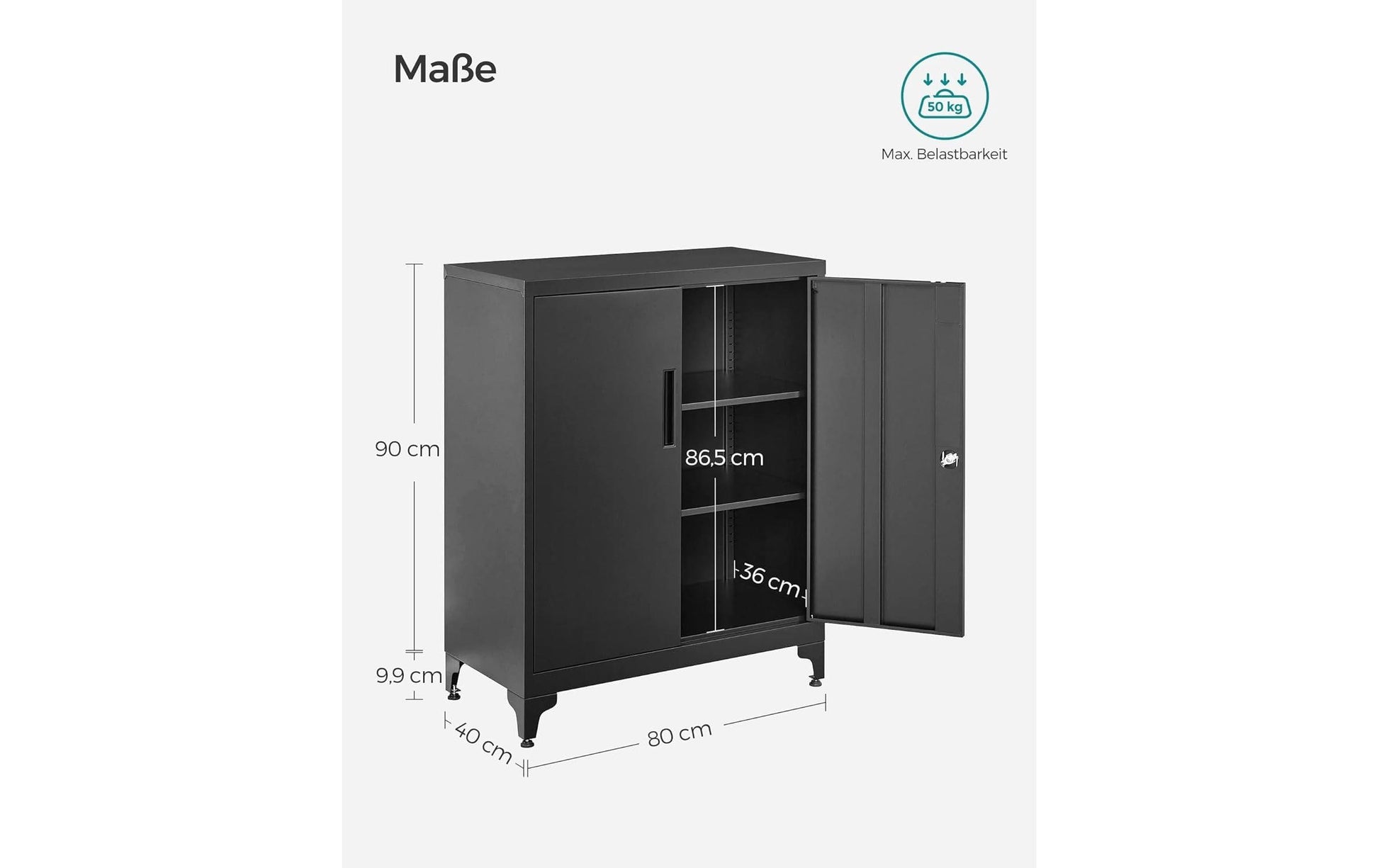 Songmics OMC013B01 – Aktenschrank, 2 Tablare, abschliessbar, Stahl, 800 × 400 × 900 mm, Schwarz