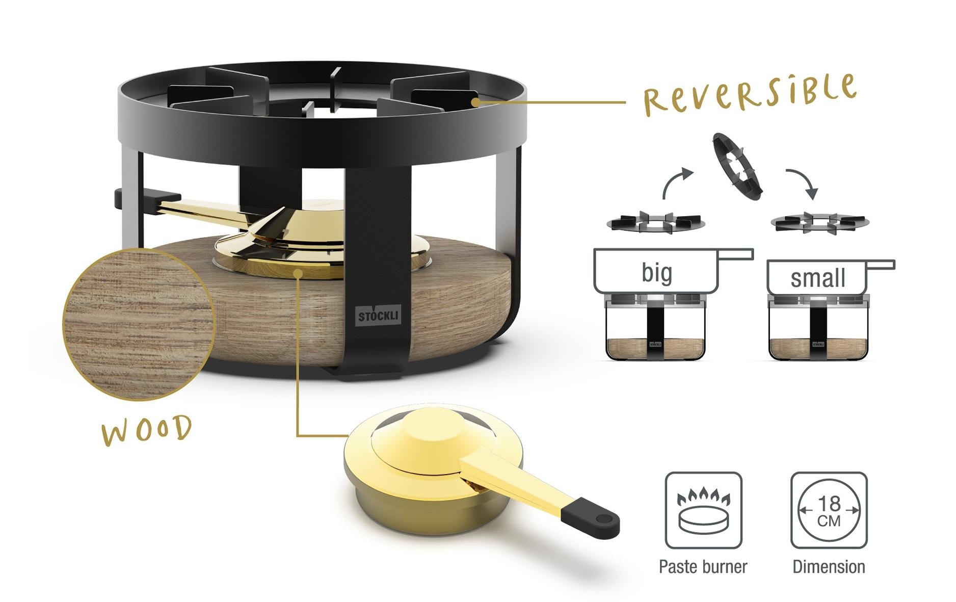 Stöckli Fondue-Set Pilatus Wood – Ø 18,4 cm, Pastenbrenner – Schwarz/Braun