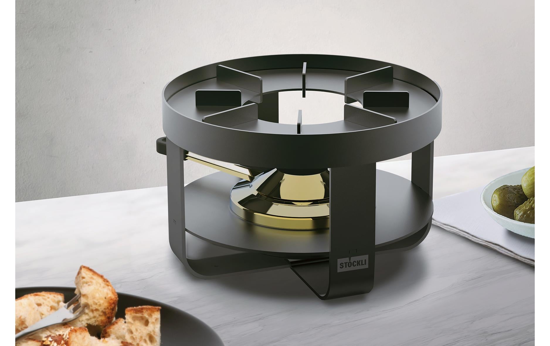 Stöckli Fondue-Set Pilatus Steel – Edelstahl, Ø 18,4 cm, Pastenbrenner – Schwarz