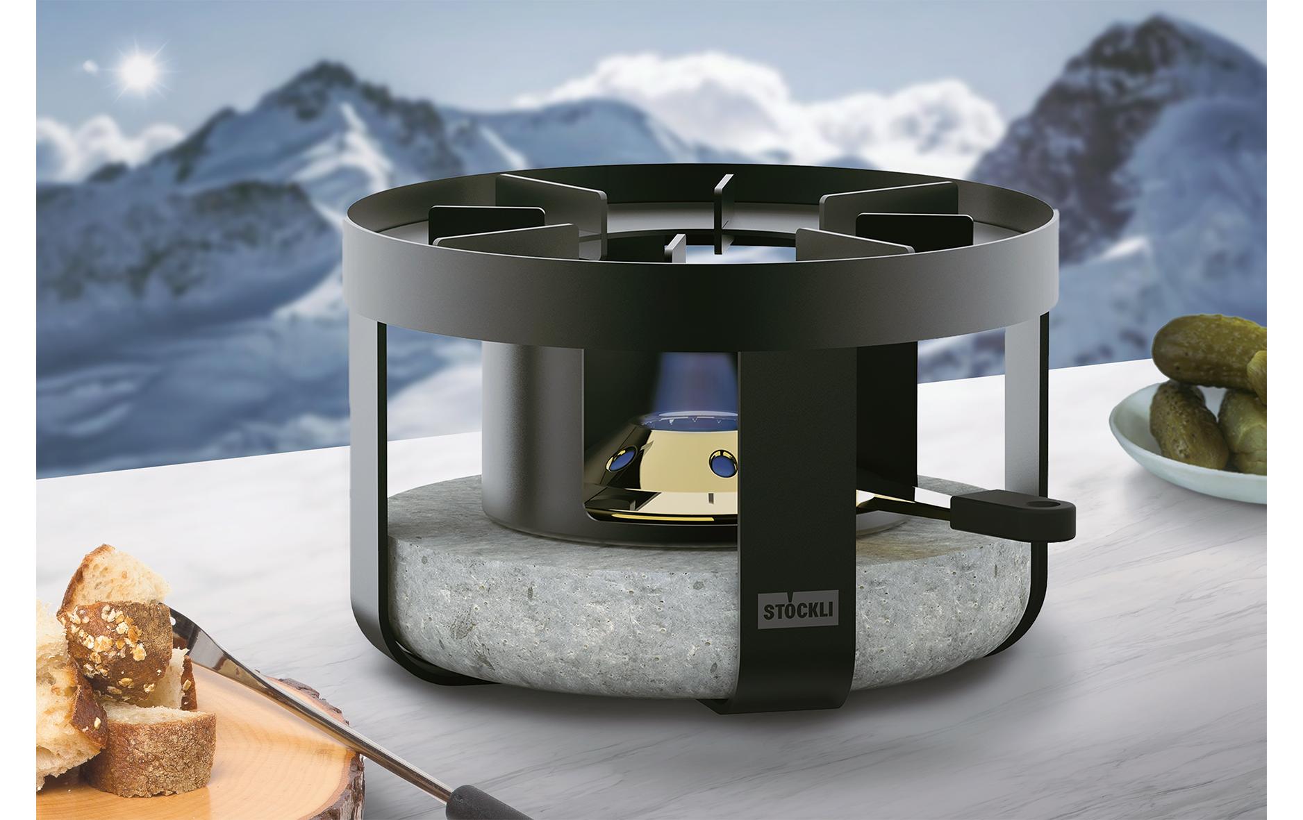 Stöckli Windschutz Pilatus – Ø 12,6 cm × H 5,7 cm, Messing, Schwarz – für Fondue-Rechaud