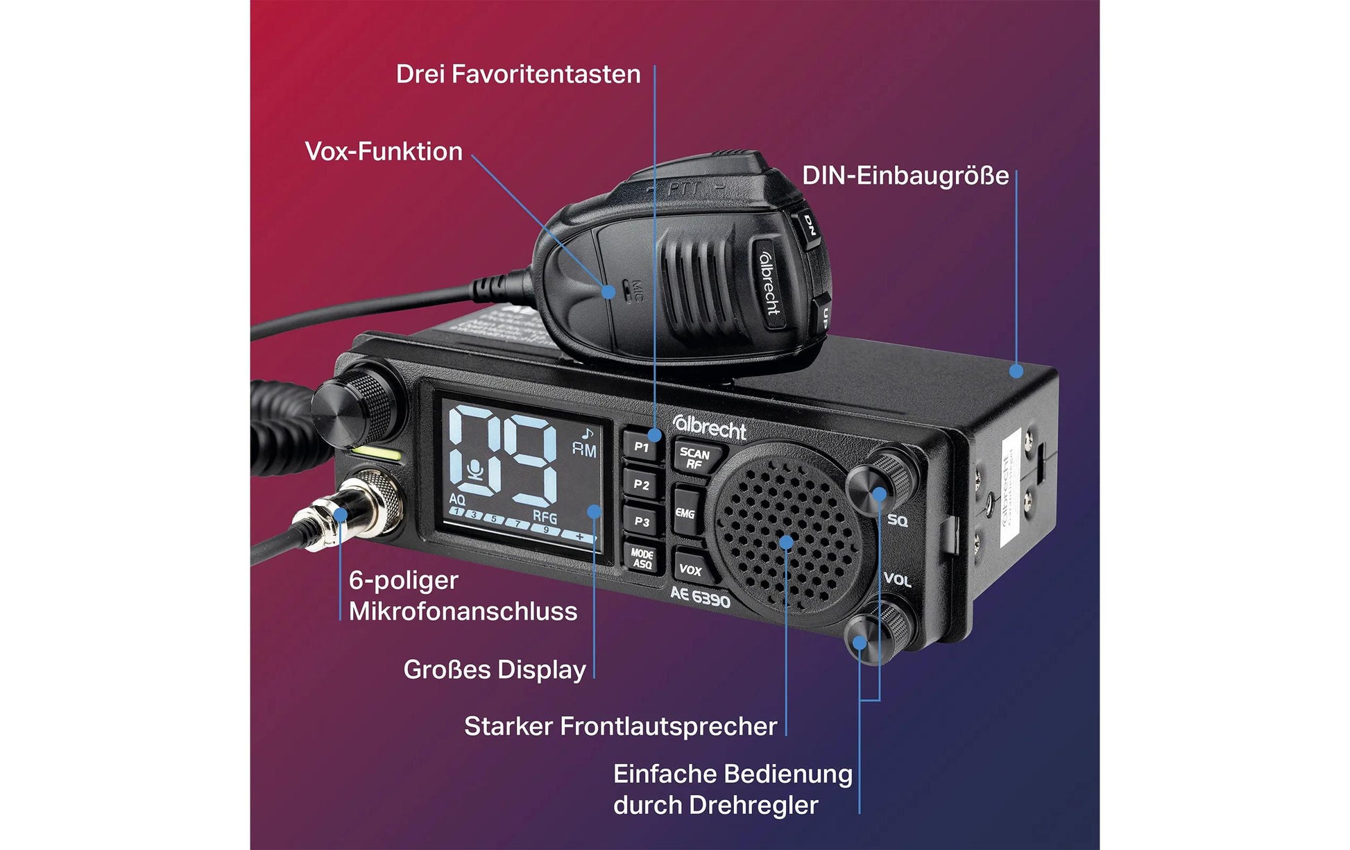 Albrecht AE6390 – CB-Funkgerät, 4 W AM/FM, 12/24 V, VOX, Netzbetrieb, Schwarz