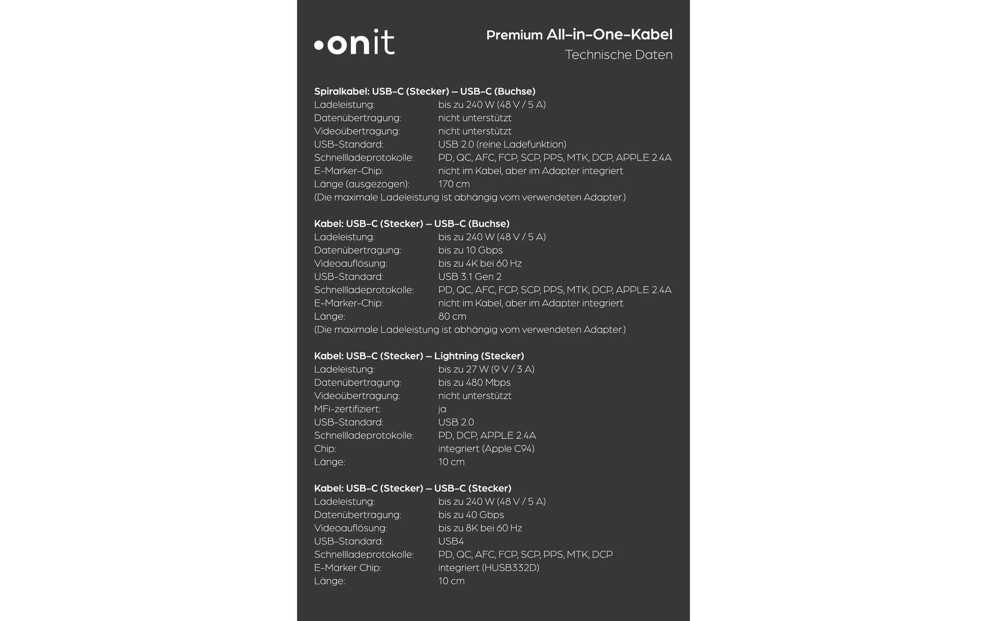 ONIT USB-Kabel, USB-A/USB-C zu USB-C/Lightning/Micro-USB, 2,6 m, Lade-/Datenkabel