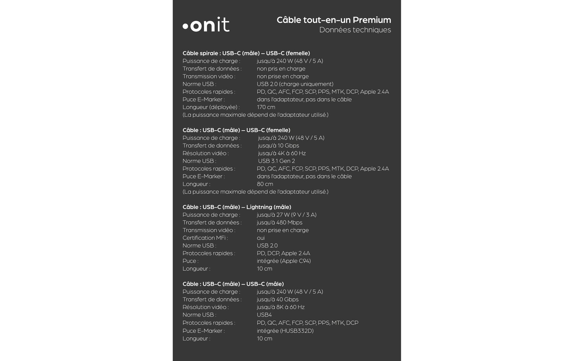ONIT USB-Kabel, USB-A/USB-C zu USB-C/Lightning/Micro-USB, 2,6 m, Lade-/Datenkabel