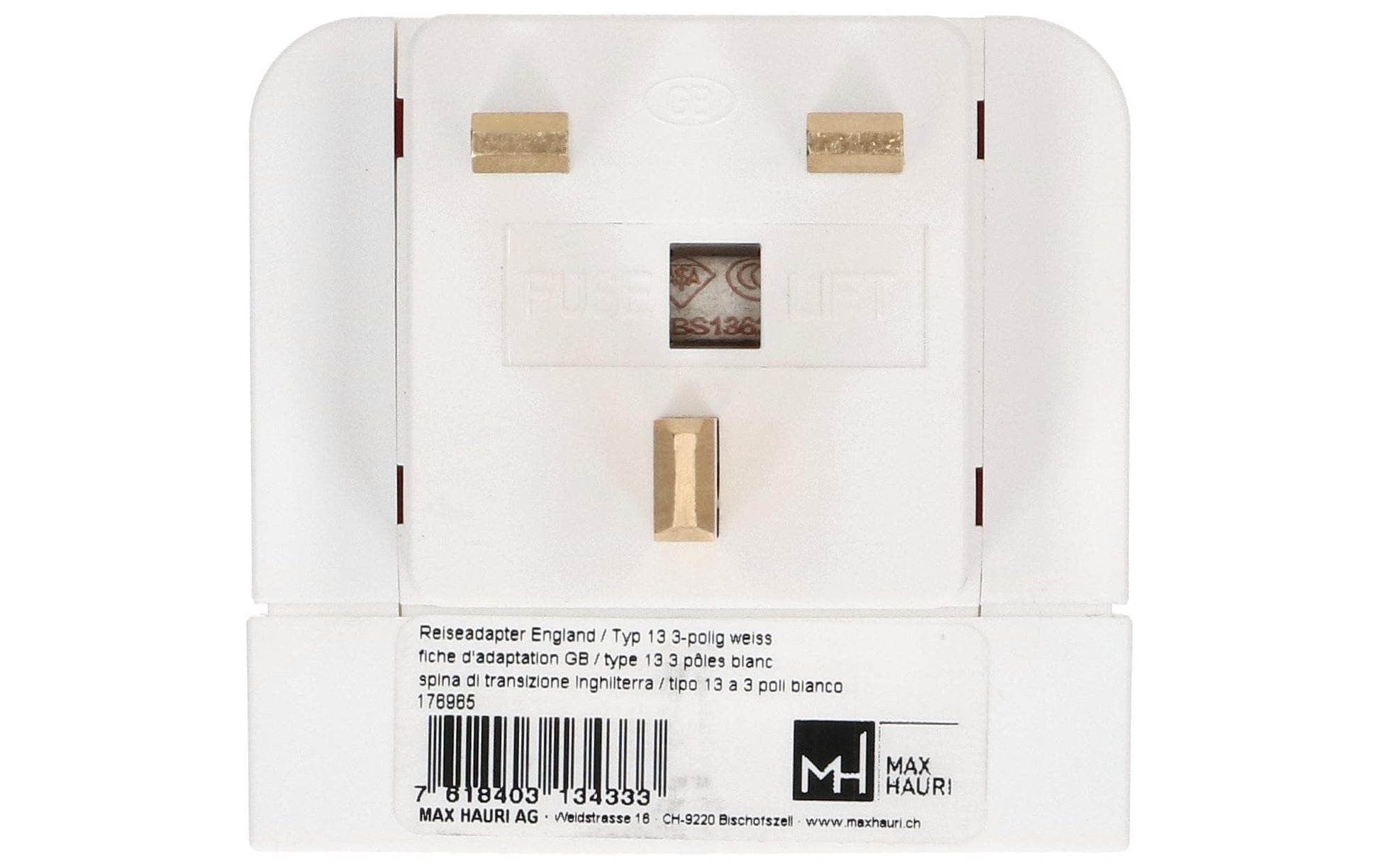 Max Hauri AG Max Hauri – Reiseadapter – von Typ 13 zu Typ G – geerdet – weiss – 1 Stk.