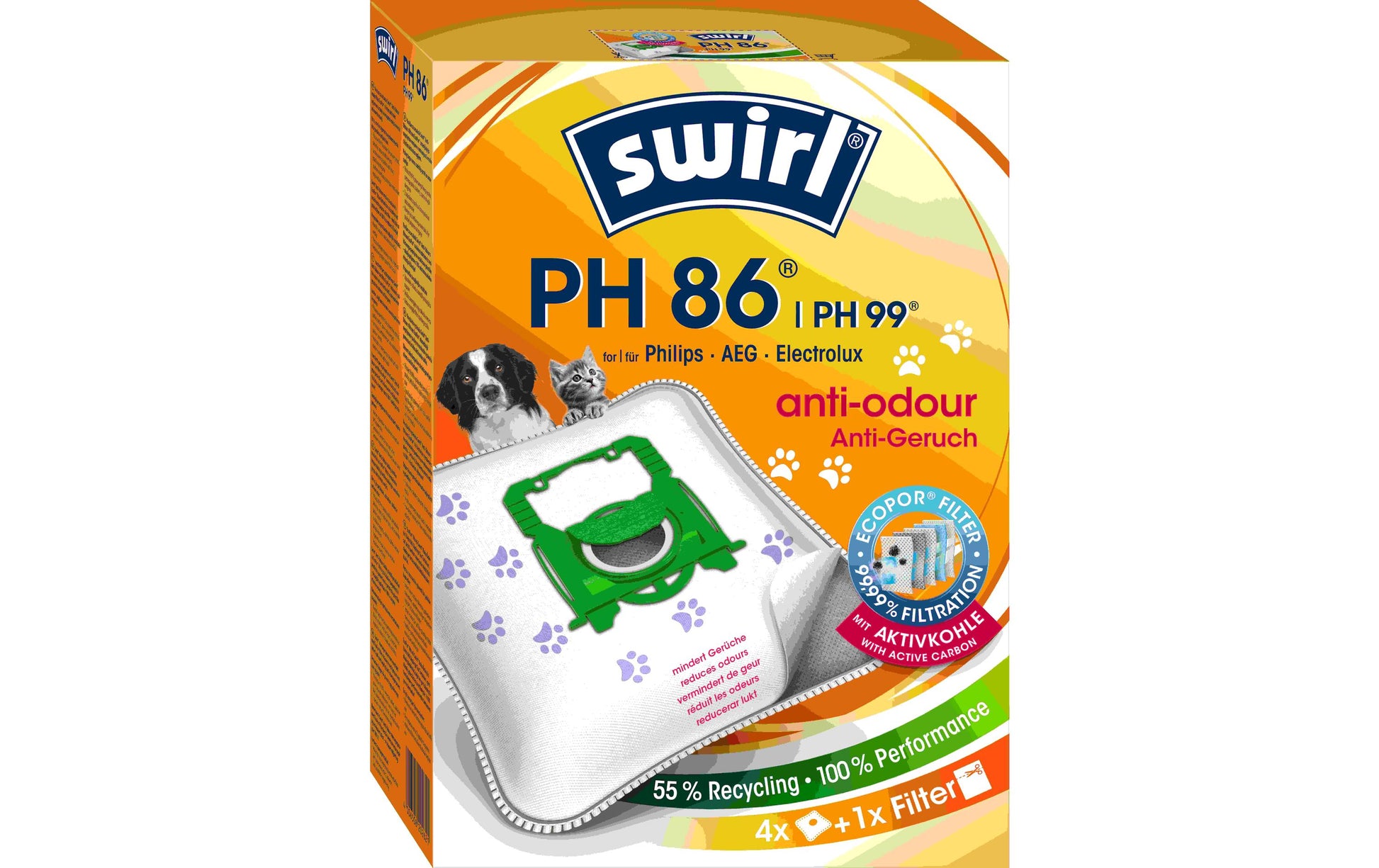 Swirl Staubbeutel PH 86 – 4 Stück, für Philips FC82/FC832/FC837 und andere