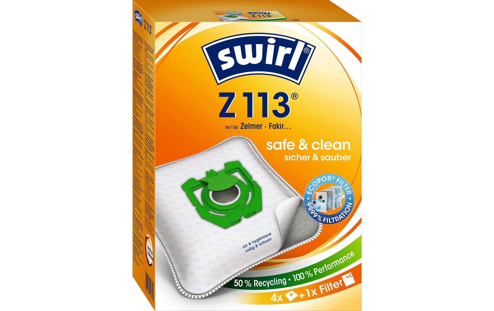 Swirl Staubbeutel Z 113 – 4 Stück, für Zelmer 1600, Syrius ZVC 4149.4100, Fakir Blue Line 2059003 u. a.