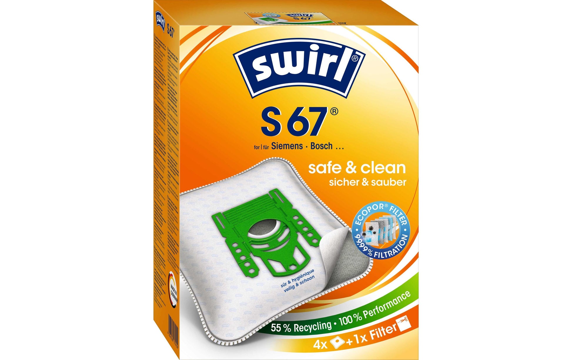Swirl Staubbeutel S 67 – 4 Stück, für Siemens VS 32A00–33A99, VS 04G0000–04G9999, Bosch BBS 6310–6399 u. a.