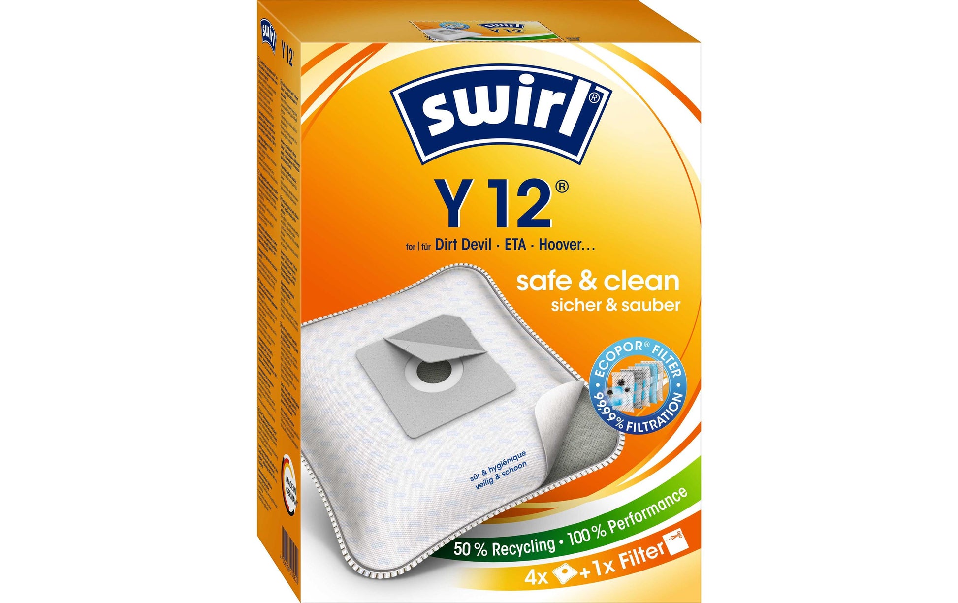 Swirl Staubbeutel Y 12 – 4 Stück, für Dirt Devil M 2012-2 / Hoover AC70/AC73 / Numatic Henry/Hetty