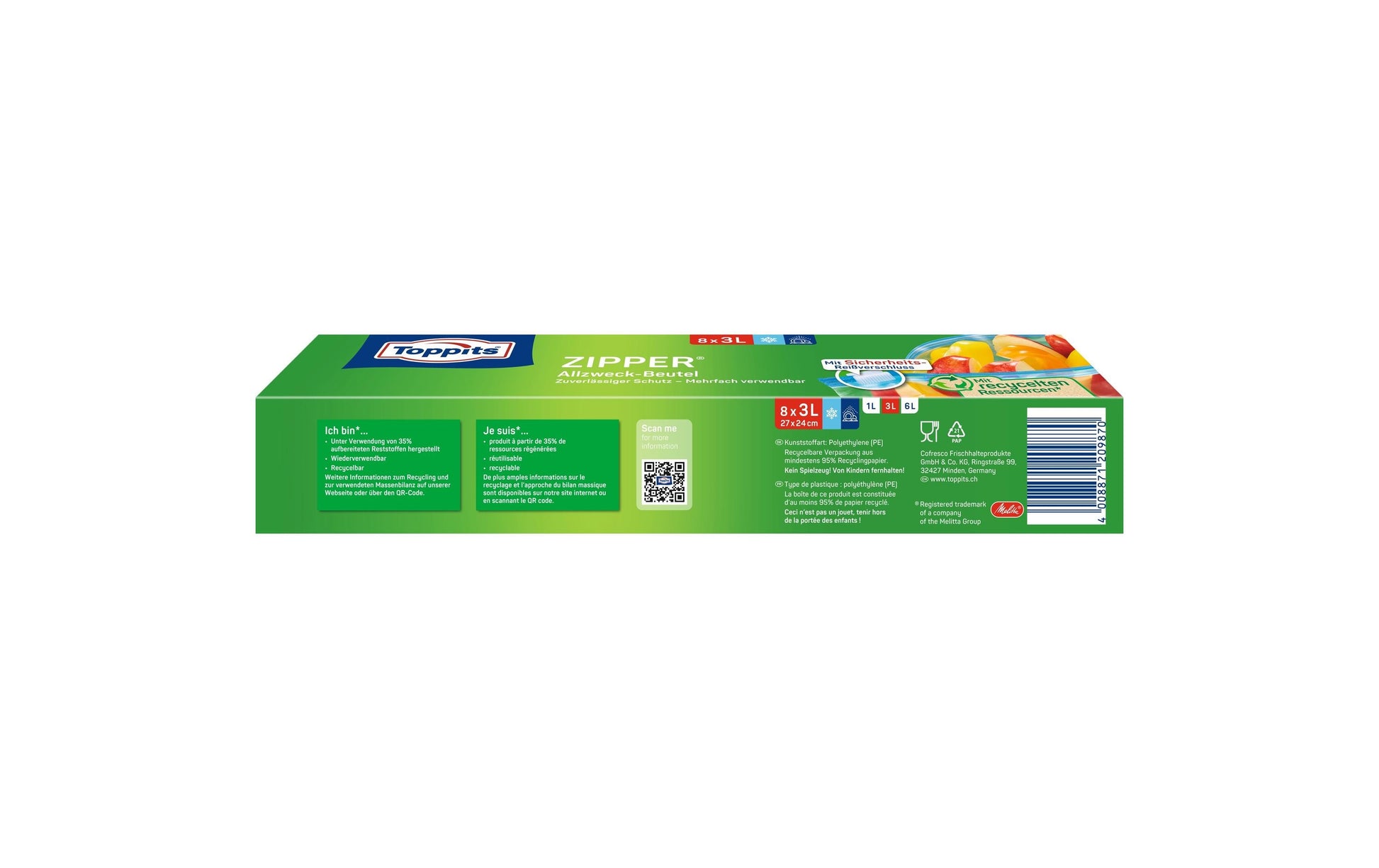 Toppits Standbodenbeutel – 240 × 270 mm, Reissverschluss, Standboden, transparent, PE – 8 Stk.