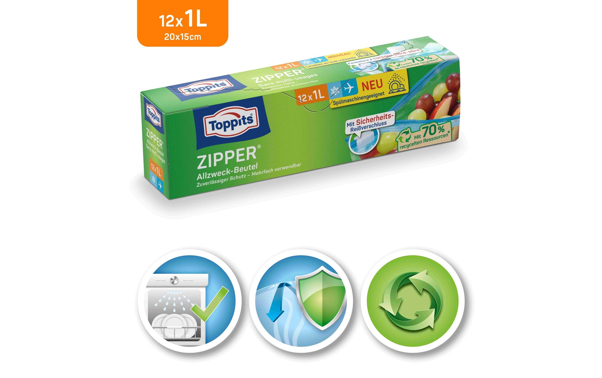 Toppits Zipper-Beutel 1 l, 15 × 20 cm, Polyethylen (PE), transparent, 12 Stk., mit Reissverschluss