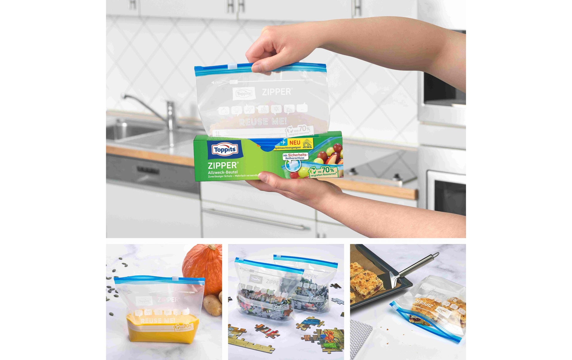 Toppits Zipper-Beutel 1 l, 15 × 20 cm, Polyethylen (PE), transparent, 12 Stk., mit Reissverschluss